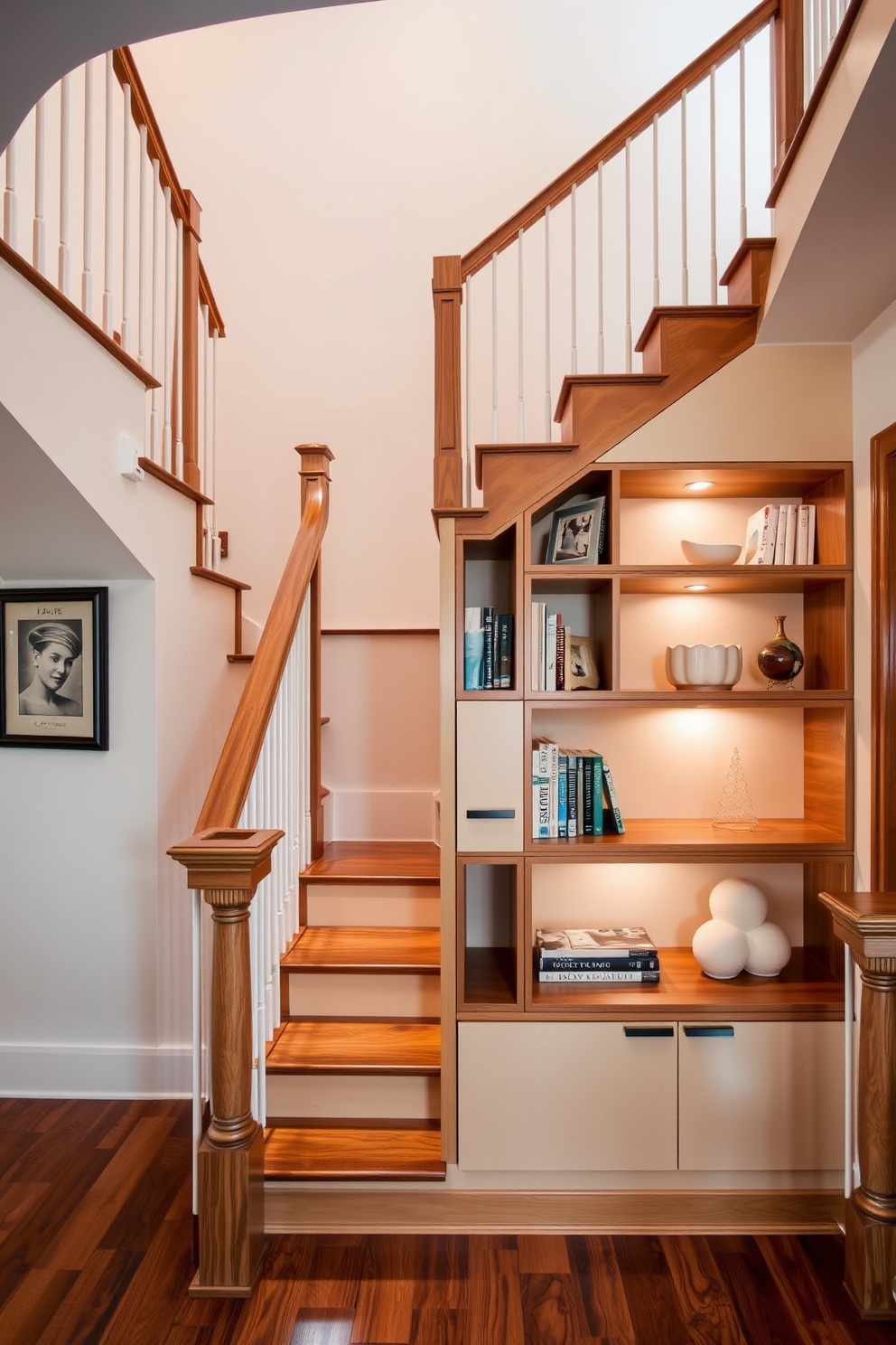 A stunning staircase featuring built-in storage solutions seamlessly integrated into the design. The staircase is crafted from rich hardwood with elegant railings, while the storage compartments are designed with sleek cabinetry that complements the overall aesthetic. The built-in shelves are adorned with decorative items and books, adding a personal touch to the space. Soft lighting highlights the staircase, creating a warm and inviting atmosphere that enhances the bespoke design.