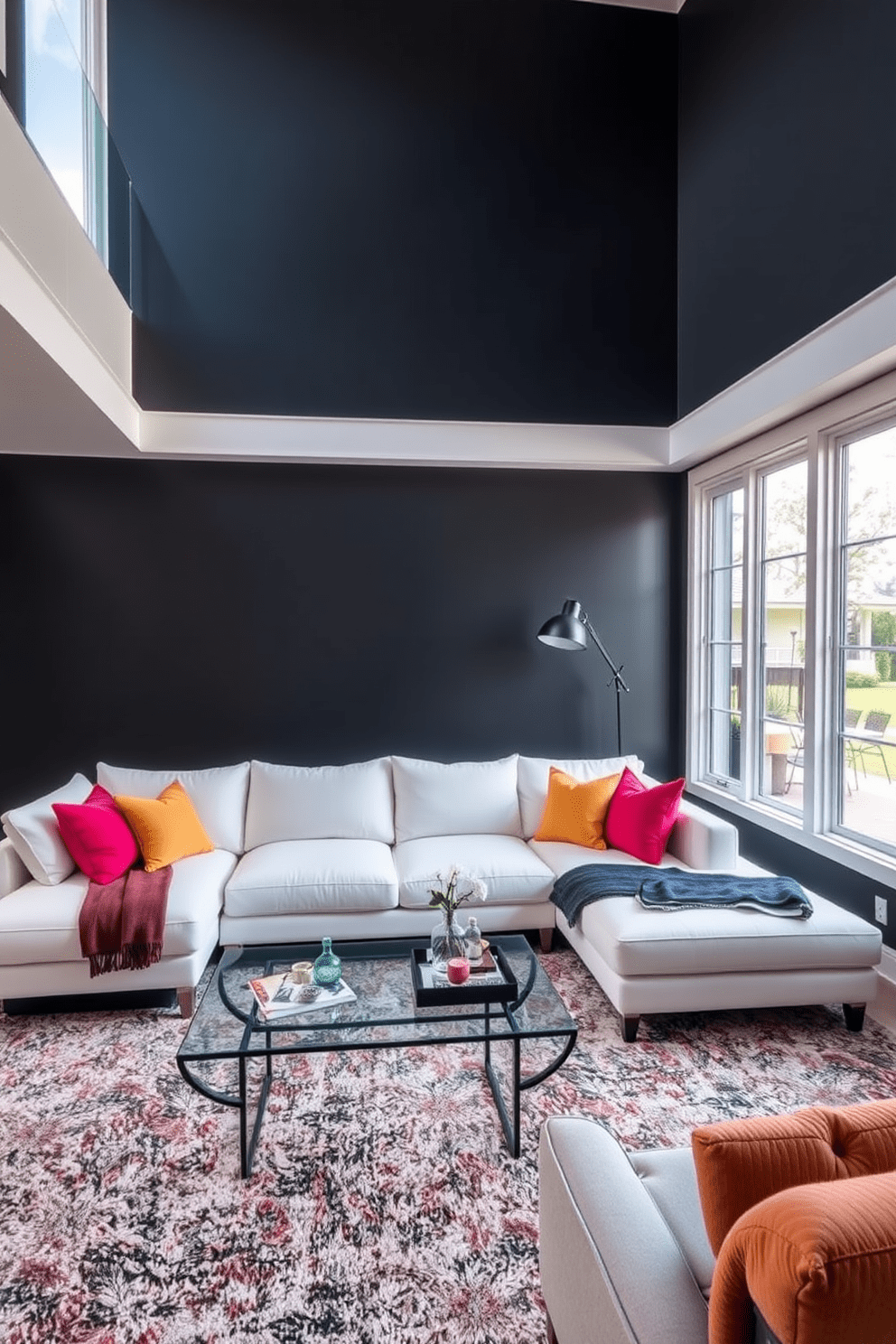 A bold black accent wall serves as the stunning backdrop for a chic living room filled with modern furniture. The space features a plush white sectional sofa, complemented by vibrant throw pillows and a sleek glass coffee table. In the corner, a stylish black floor lamp adds warmth and sophistication to the room. Large windows allow natural light to flood in, highlighting the contrast between the dark walls and light decor.