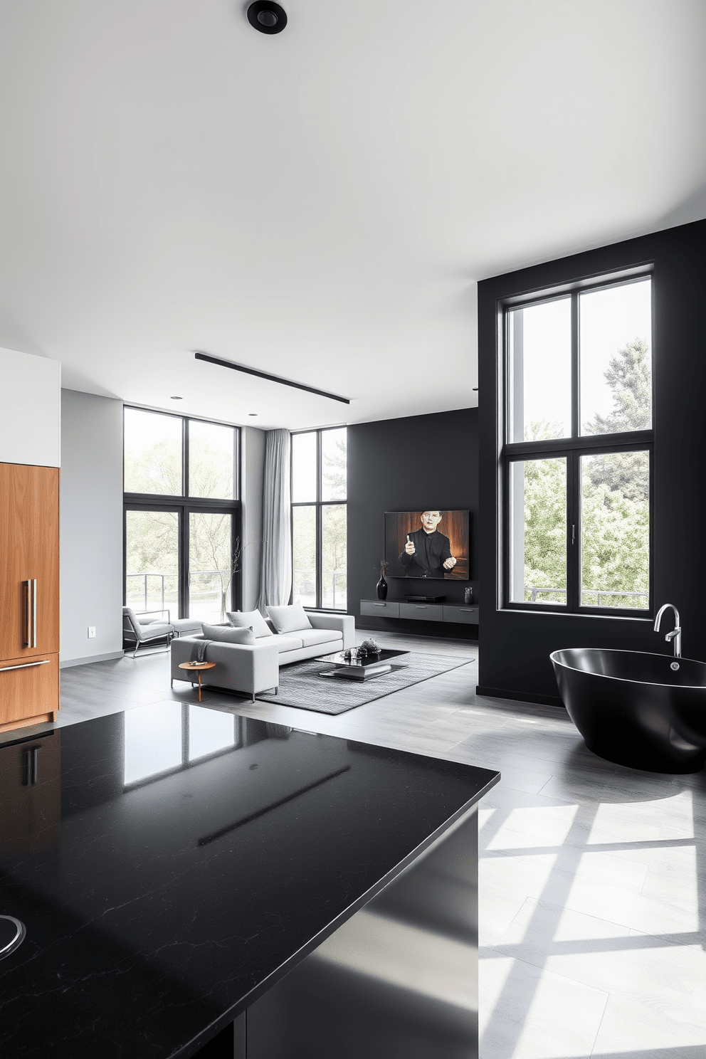 A modern black apartment featuring sleek black window frames that enhance the contemporary aesthetic. The open-plan living area boasts minimalist furniture with a monochromatic color palette, complemented by warm wooden accents. The kitchen showcases high-end appliances and a spacious island with black granite countertops. Large windows allow natural light to flood the space, creating an inviting atmosphere. The bedroom features a statement wall painted in deep charcoal, with stylish black window frames that provide a dramatic contrast. Soft bedding in neutral tones adds comfort and sophistication to the overall design. The bathroom is designed with a freestanding black tub and elegant fixtures, creating a spa-like retreat. Natural light streams through the black-framed windows, highlighting the luxurious finishes throughout the space.