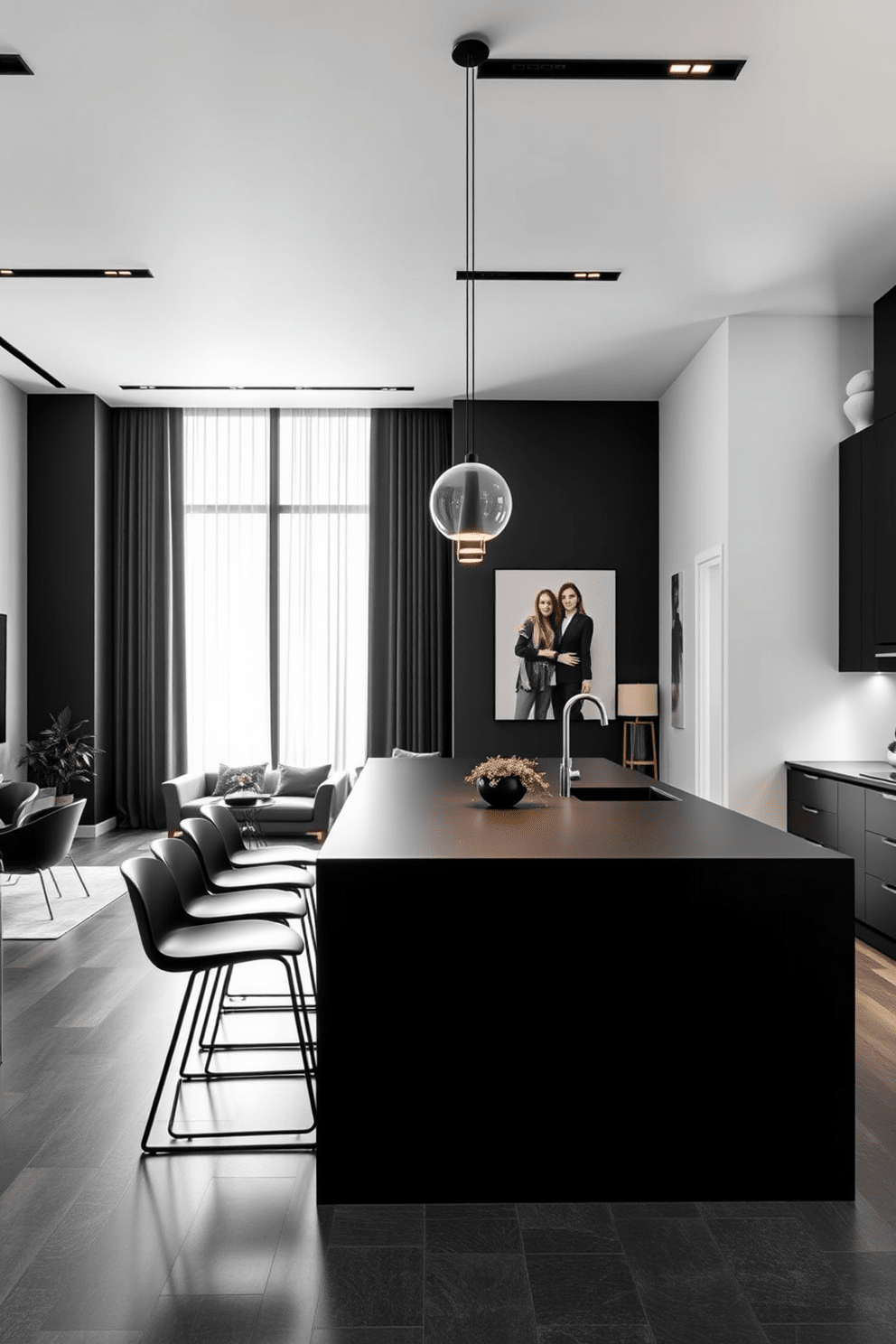 A striking black kitchen island serves as the centerpiece of a contemporary kitchen. The island features a sleek surface with a matte finish and is surrounded by elegant bar stools that enhance the bold statement. The apartment design embraces a modern aesthetic with a cohesive black and white color palette. Floor-to-ceiling windows flood the space with natural light, highlighting the minimalist decor and stylish furnishings.