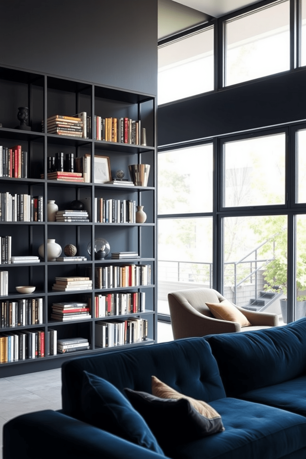 A sleek black bookshelf lines the wall, showcasing an array of carefully curated books and decorative objects. The backdrop features a deep charcoal gray wall that enhances the elegance of the black shelves. The living area is adorned with modern furniture pieces, including a plush velvet sofa in a rich jewel tone. Natural light floods the space through large windows, creating a warm and inviting atmosphere.