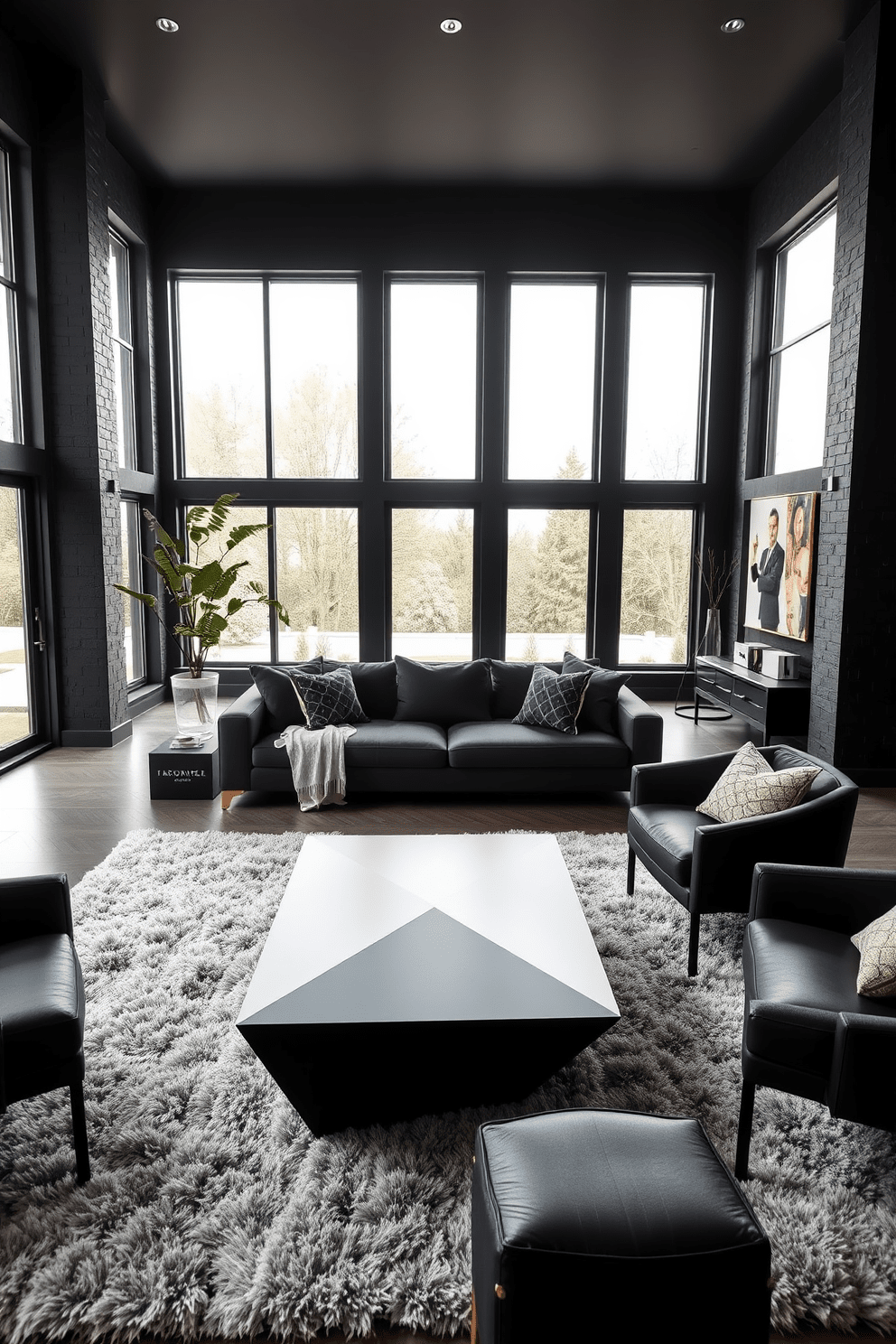 A chic living room featuring matte black finishes that exude understated elegance. The space includes a sleek black sofa paired with minimalist black accent chairs, creating a cohesive and sophisticated look. Large windows allow natural light to flood the room, highlighting the textured black walls. A striking geometric coffee table in matte black sits at the center, surrounded by plush area rugs in contrasting light tones.