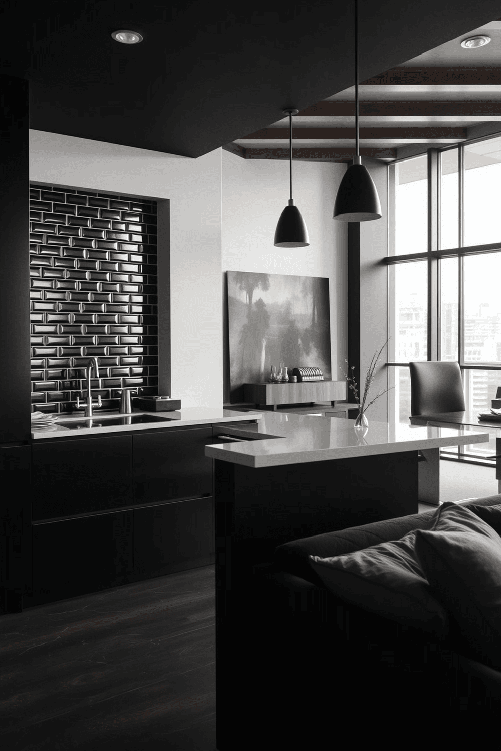 A sleek kitchen featuring a black tile backsplash that adds a modern touch to the space. The cabinetry is minimalist with clean lines, and the countertops are a contrasting white for an elegant look. The apartment design is centered around a black theme, incorporating dark wood accents and plush furnishings. Large windows allow natural light to flood the space, highlighting the sophisticated decor and creating a cozy atmosphere.