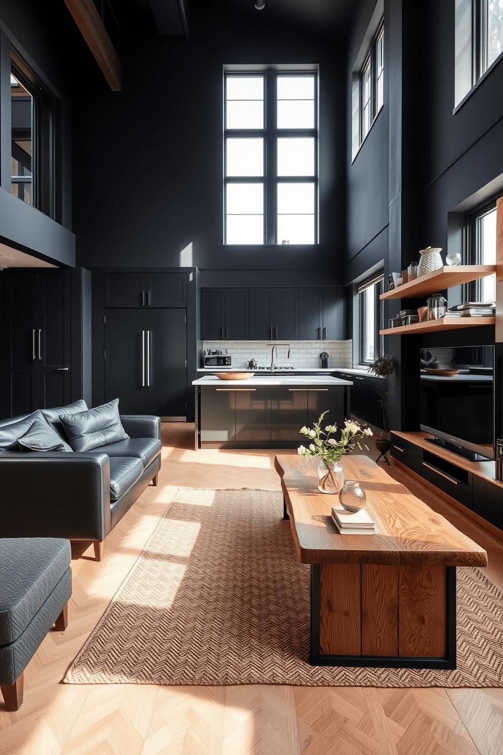 A chic black apartment design featuring warm wood accents. The living area showcases a sleek black sofa paired with a reclaimed wood coffee table, creating a cozy yet modern atmosphere. The kitchen boasts black cabinetry complemented by natural wood shelves, enhancing the inviting feel. Large windows allow natural light to flood the space, illuminating the rich textures of the furnishings.