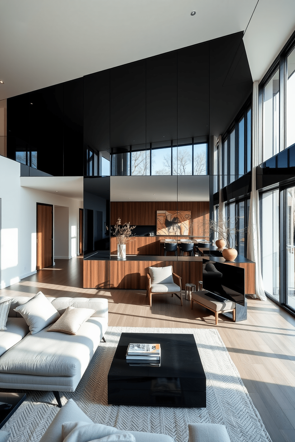 A modern apartment featuring black mirrors that reflect and enhance natural light throughout the space. The design incorporates sleek furniture with a minimalist aesthetic, creating an open and airy atmosphere. The living area showcases a combination of dark wood accents and soft textiles, providing warmth against the black mirror backdrop. Large windows allow sunlight to flood in, highlighting the contrast between the dark and light elements of the decor.