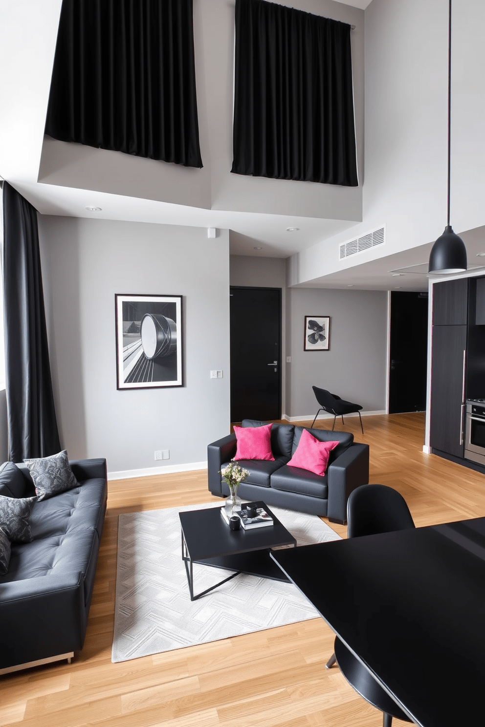 A chic apartment living room featuring bold black curtains that add a dramatic flair to the space. The walls are painted in a soft gray, complementing the sleek black furniture and modern art pieces adorning the walls. A cozy seating area includes a plush black sofa paired with vibrant throw pillows. A stylish coffee table sits in the center, surrounded by a geometric rug that ties the room together. The open-plan kitchen boasts high-end appliances and minimalist cabinetry, enhancing the contemporary feel. A dining area with a striking black dining table and elegant chairs creates an inviting atmosphere for gatherings.