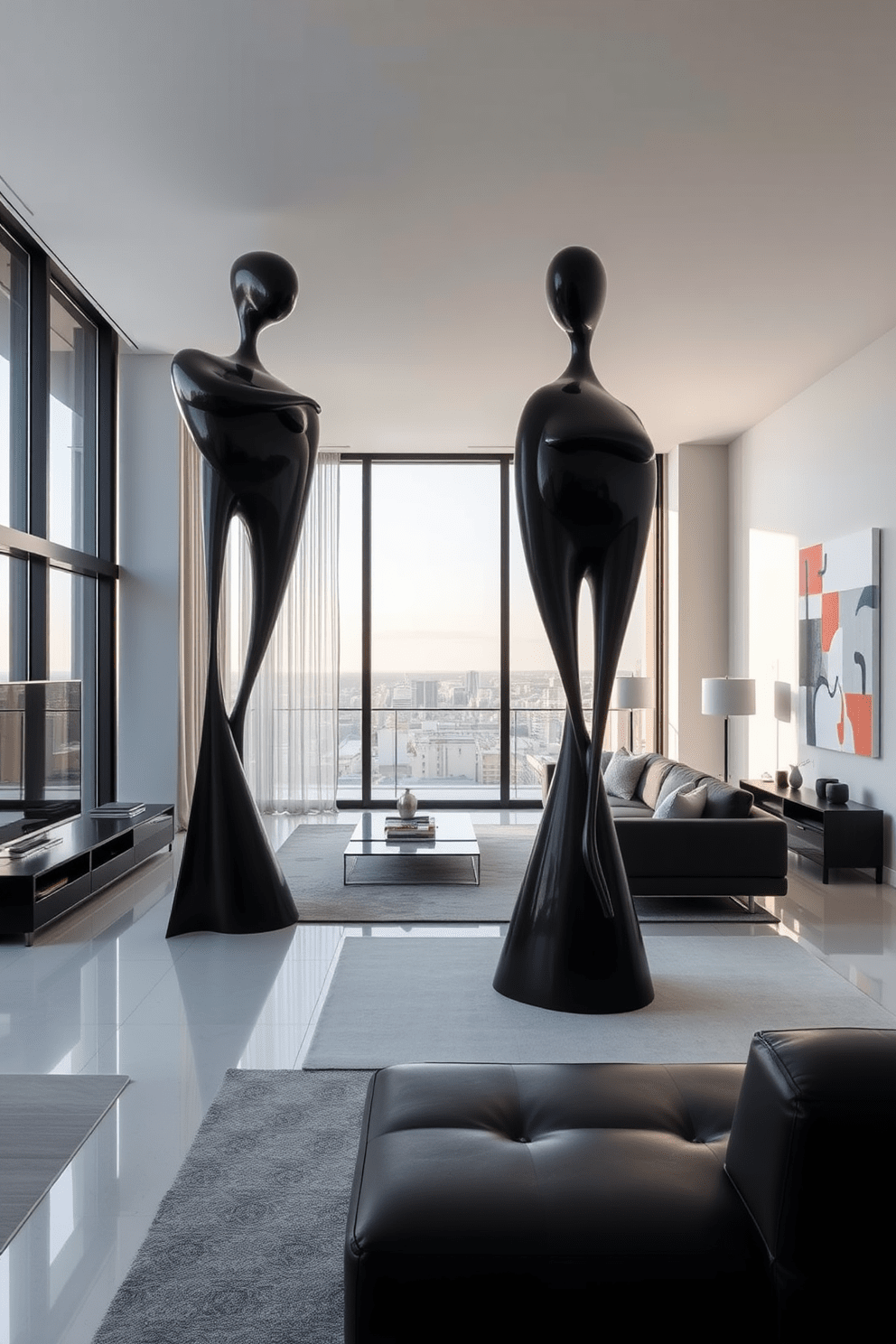 Artistic black sculptures stand as striking focal points in a modern apartment. The space features sleek furniture with minimalist lines, complemented by a monochromatic color palette. Large windows allow natural light to flood the room, enhancing the dramatic effect of the sculptures. The walls are adorned with abstract art that echoes the boldness of the black pieces.