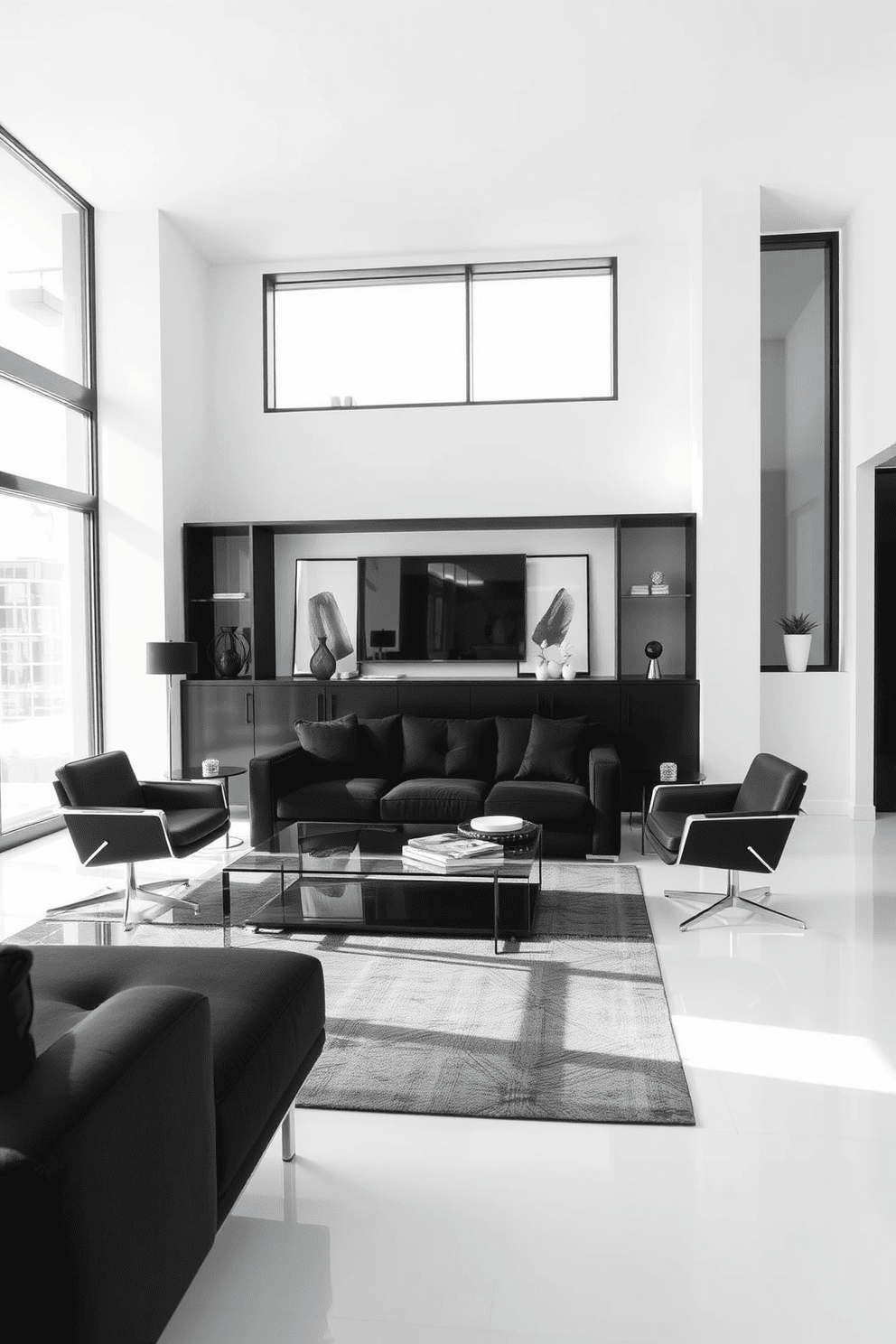 A sleek black furniture arrangement creates a modern elegance in the living space. The room features a plush black sofa paired with minimalist black accent chairs, complemented by a stylish glass coffee table. The walls are painted in a soft white hue, providing a striking contrast to the dark furniture. Large windows allow natural light to flood the space, enhancing the contemporary atmosphere.