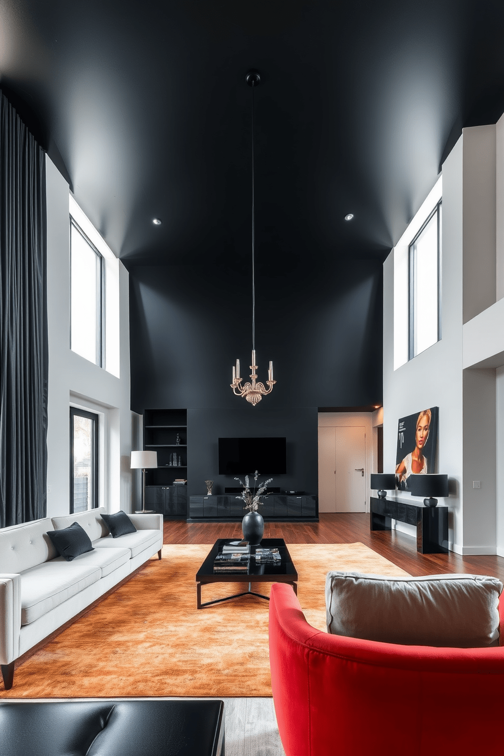 A striking black ceiling creates a dramatic contrast against the light walls of the apartment. The space features sleek furniture with modern lines and bold accents to enhance the overall aesthetic. Large windows allow natural light to flood the room, highlighting the rich textures of the furnishings. Elegant artwork adorns the walls, adding a touch of sophistication to the black apartment design.