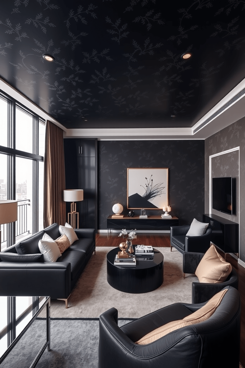 A chic apartment interior featuring black wallpaper with subtle patterns that add depth and sophistication to the space. The room is adorned with sleek, modern furniture in contrasting colors, creating a striking visual appeal. Large windows allow natural light to flood the area, highlighting the elegant decor and enhancing the ambiance. Accents of gold and white are strategically placed throughout, bringing a touch of luxury to the overall design.