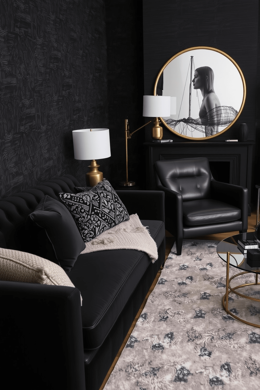 A stylish living room featuring a mix of textures with black decor elements. The space includes a plush black velvet sofa paired with a sleek leather armchair, creating a cozy yet modern atmosphere. The walls are adorned with textured black wallpaper that adds depth and sophistication. A large area rug with a subtle pattern anchors the room, while metallic accents in gold and silver provide a striking contrast.