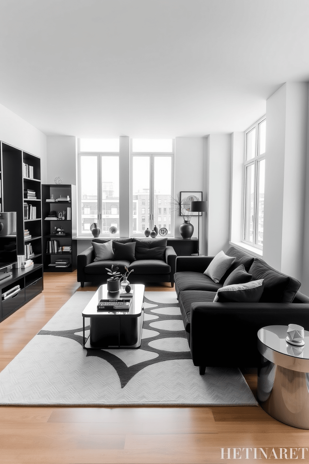 A chic living room featuring a sleek black sofa with plush cushions and a minimalist coffee table. The space is accented with black accessories such as a geometric rug and stylish decor pieces that enhance the overall elegance of the room. The walls are painted in a soft white to create contrast, while large windows allow natural light to fill the space. A modern bookshelf in black wood showcases curated art books and decorative items, adding depth to the apartment design.