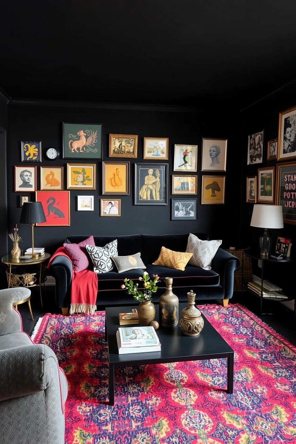 An eclectic black decor setting features a mix of vintage and modern furniture pieces that create a unique and personalized atmosphere. The walls are painted in a deep matte black, adorned with a gallery of colorful art pieces that pop against the dark background. In the living area, a plush black velvet sofa is paired with a vibrant patterned rug that adds warmth and character. Accent pillows in various textures and colors complement the sofa, while a sleek black coffee table sits in the center, surrounded by eclectic decorative objects.