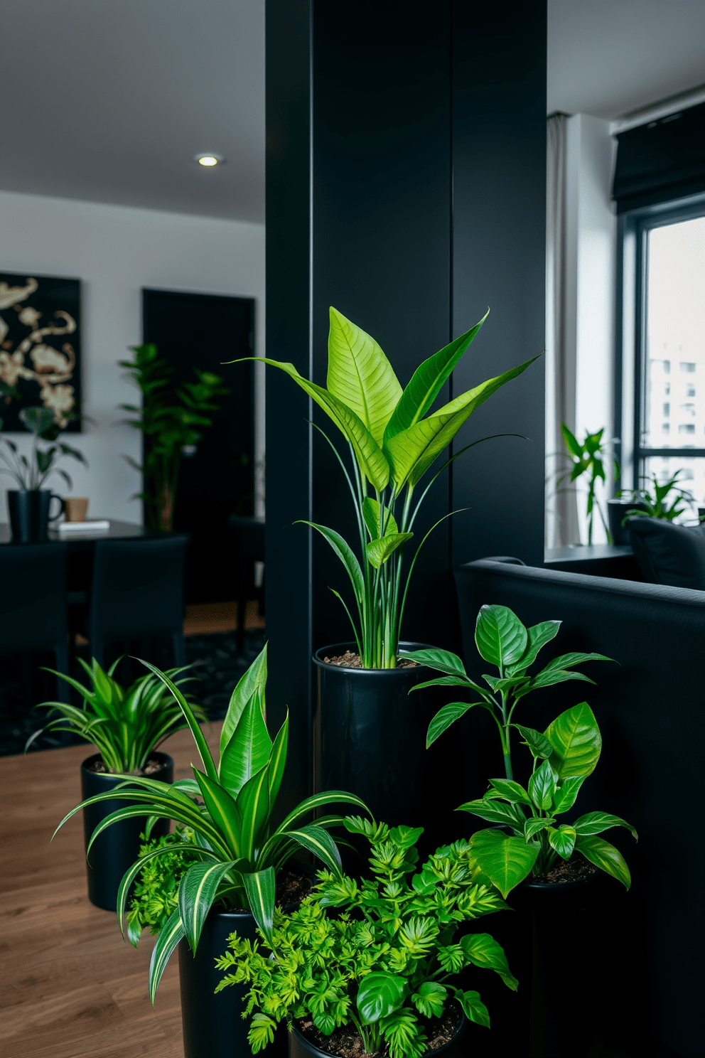 A modern apartment interior featuring black plant pots filled with vibrant greenery. The sleek design incorporates black furniture and accents, creating a striking contrast that enhances the overall aesthetic.