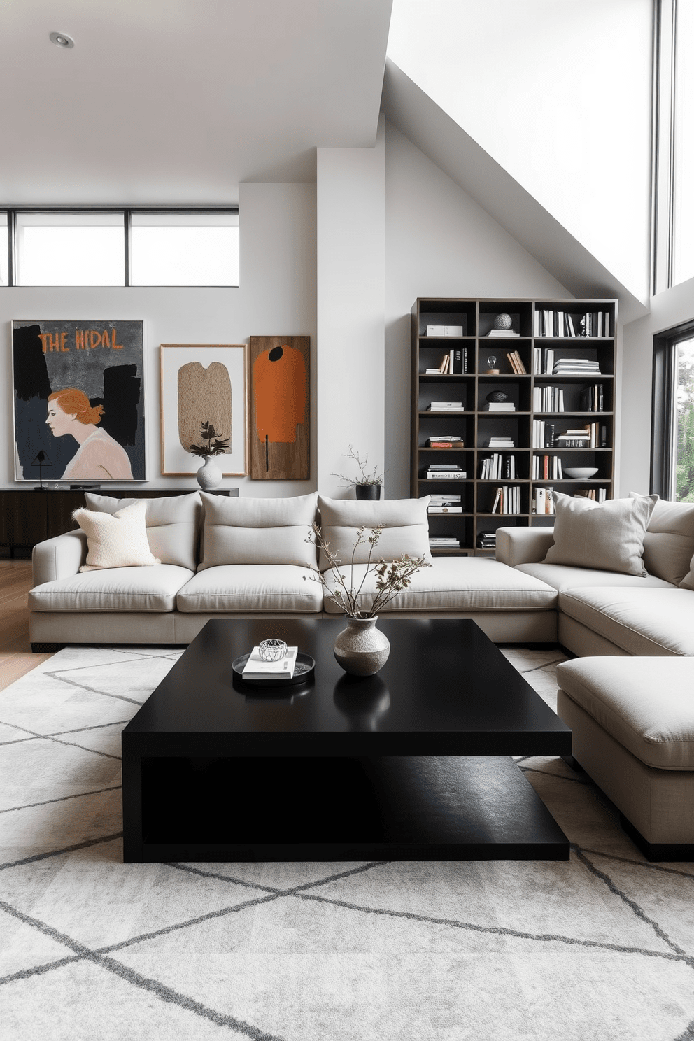 A sleek black coffee table sits at the center of a modern living room, surrounded by a plush sectional sofa in a neutral tone. The space is accented with a large area rug featuring geometric patterns that complement the contemporary aesthetic. The walls are adorned with abstract art pieces that add a pop of color, while large windows allow natural light to flood the room. A minimalist bookshelf stands against one wall, filled with curated decor and books that enhance the stylish ambiance.