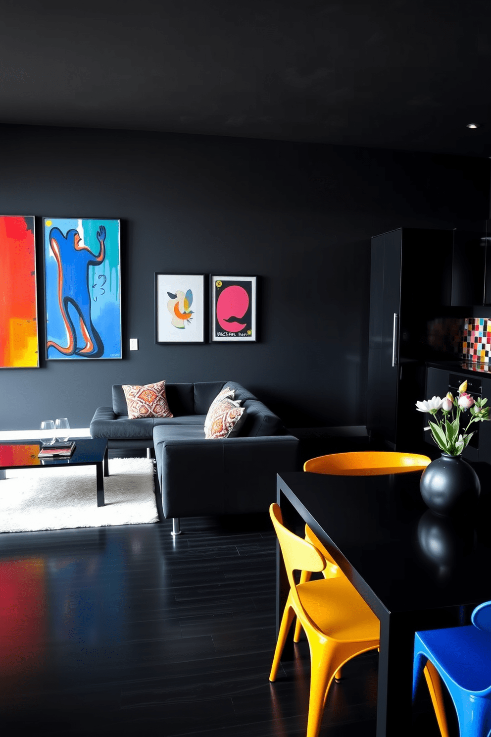 A striking black apartment features bold and colorful artwork that creates a vibrant contrast against the dark walls. The living area is adorned with a plush black sofa, complemented by bright throw pillows and a contemporary coffee table. In the dining space, a sleek black dining table is surrounded by colorful chairs that add a playful touch. The kitchen showcases black cabinetry with colorful backsplash tiles, enhancing the overall aesthetic of modern elegance.