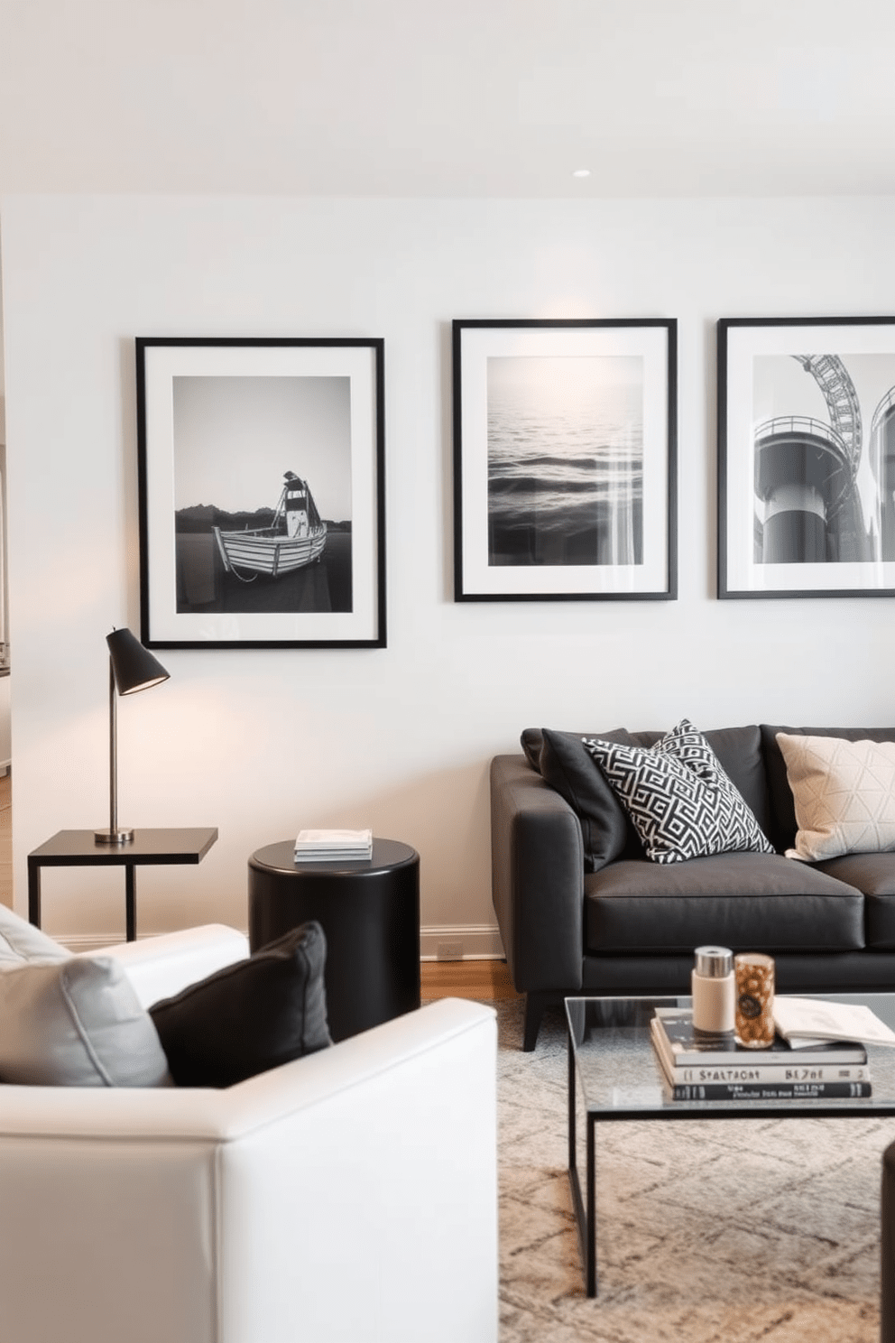 A chic apartment interior featuring black framed artwork that adds visual interest to the walls. The space is designed with sleek furniture, incorporating modern elements and a minimalist aesthetic.