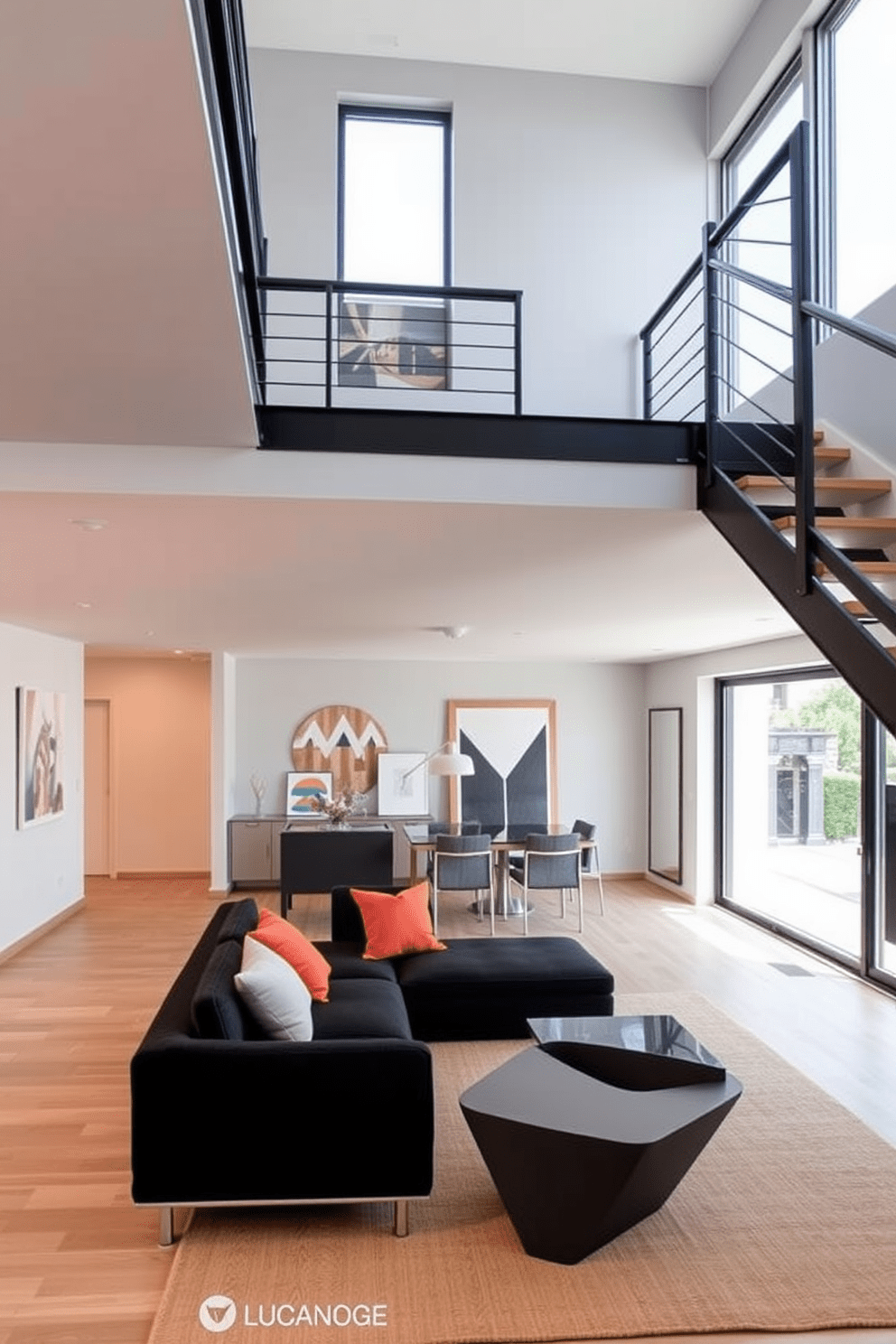 A modern apartment interior featuring a sleek black staircase railing that adds a touch of elegance. The open concept living space is adorned with minimalist furniture and large windows that flood the area with natural light. The walls are painted in a soft gray tone, creating a perfect backdrop for contemporary art pieces. A stylish black sofa is complemented by vibrant throw pillows, while a geometric coffee table anchors the seating area.