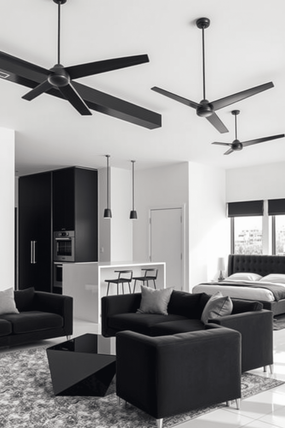 A modern black apartment featuring sleek black lighting fixtures that create a striking contrast against the soft white walls. The open-concept living area showcases a minimalist design with a black sofa and geometric coffee table, complemented by a stylish area rug. In the kitchen, black cabinetry pairs beautifully with stainless steel appliances, while pendant lights hang above the island, adding a touch of elegance. The bedroom boasts a black upholstered bedframe with plush bedding, and large windows allow natural light to flood the space.