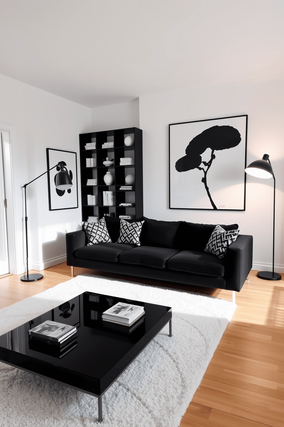 A chic living room featuring a monochrome black and white decor scheme. The walls are painted in a crisp white, while a sleek black sofa takes center stage adorned with black and white patterned cushions. A minimalist coffee table in black glass sits in front of the sofa, complemented by a stylish white rug underneath. Large black and white artwork adorns the walls, adding a touch of sophistication to the space. In the corner, a tall black bookshelf showcases an array of white decorative objects and books. The lighting is soft and warm, with a modern black floor lamp providing an inviting glow.