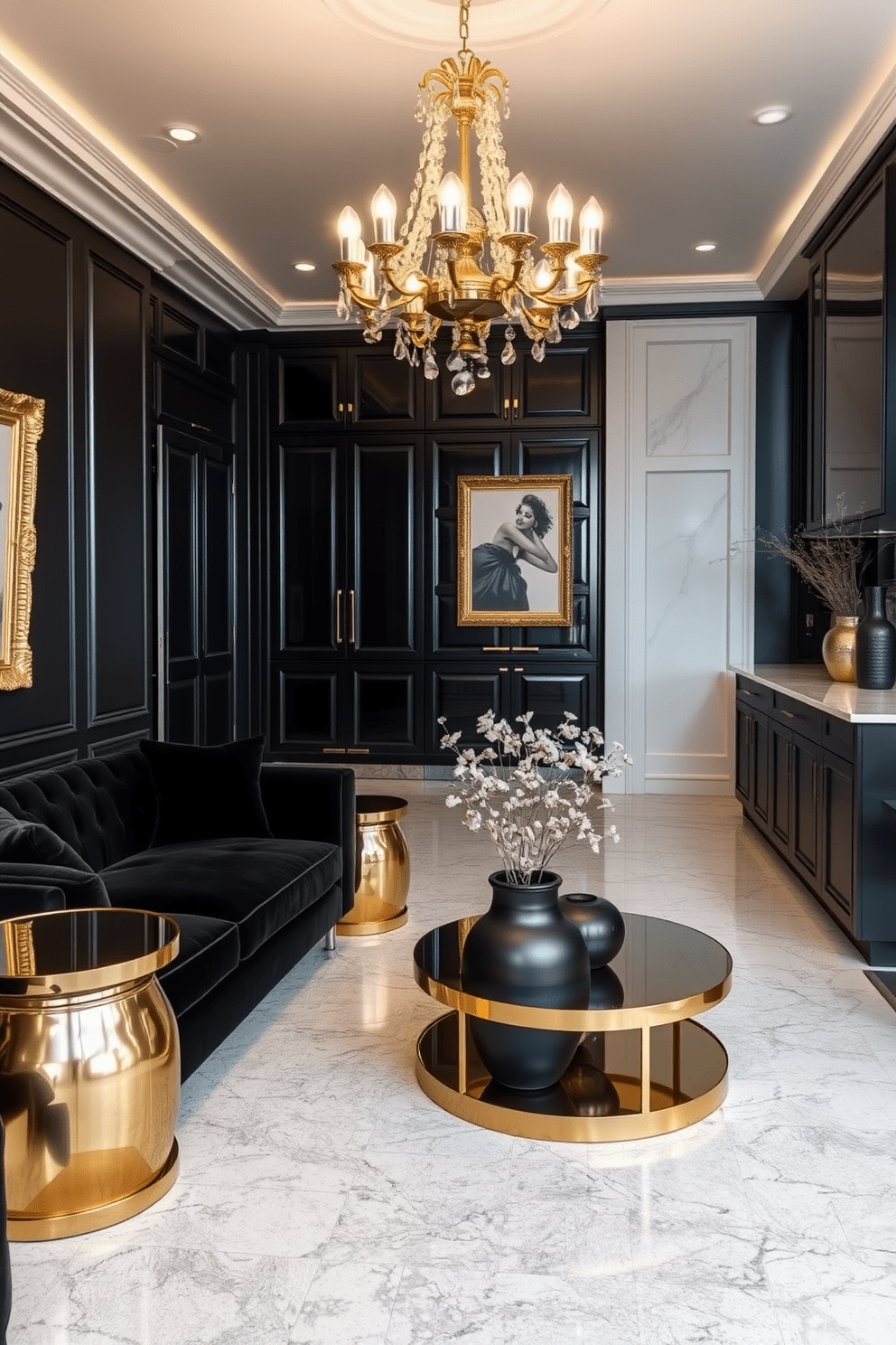 A luxurious black apartment featuring rich textures and gold accents throughout the space. The living room showcases a plush black velvet sofa paired with gold-finished side tables and a statement chandelier that adds elegance. The kitchen is designed with sleek black cabinetry and gold hardware, complemented by a stunning marble island. Decorative elements like gold-framed artwork and stylish black vases enhance the sophisticated atmosphere of the apartment.