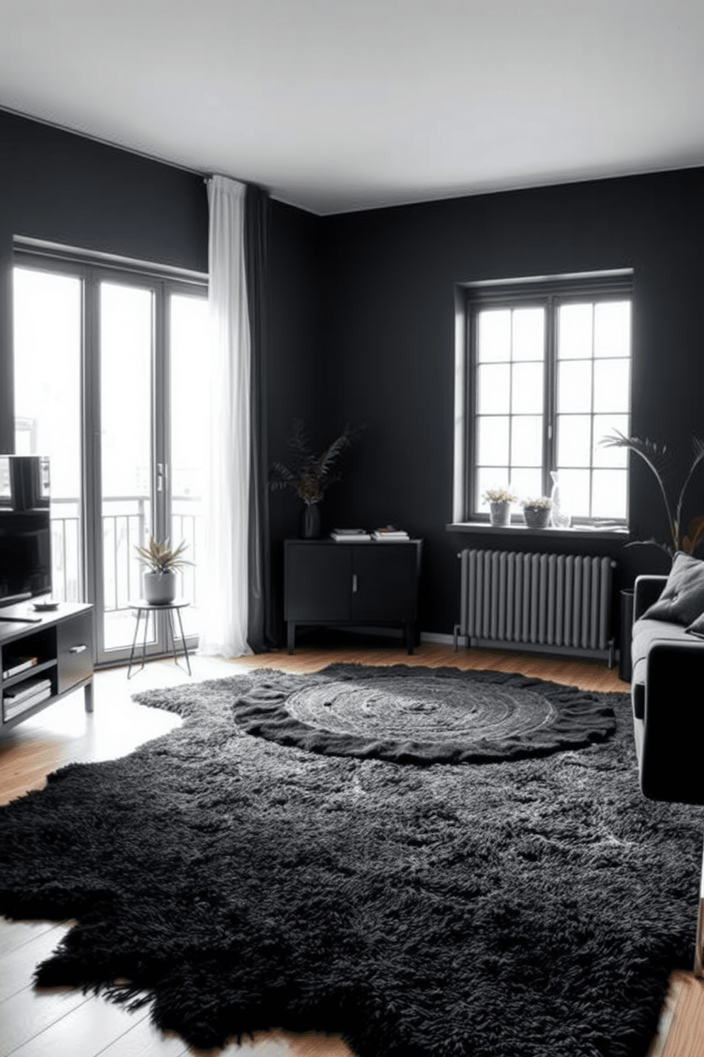 A chic black apartment setting. The space features layered black rugs that add depth and style to the room, creating a cozy atmosphere. The walls are painted in a deep charcoal hue, complemented by sleek black furniture pieces. Large windows allow natural light to flood the space, highlighting the textures of the rugs and furnishings.