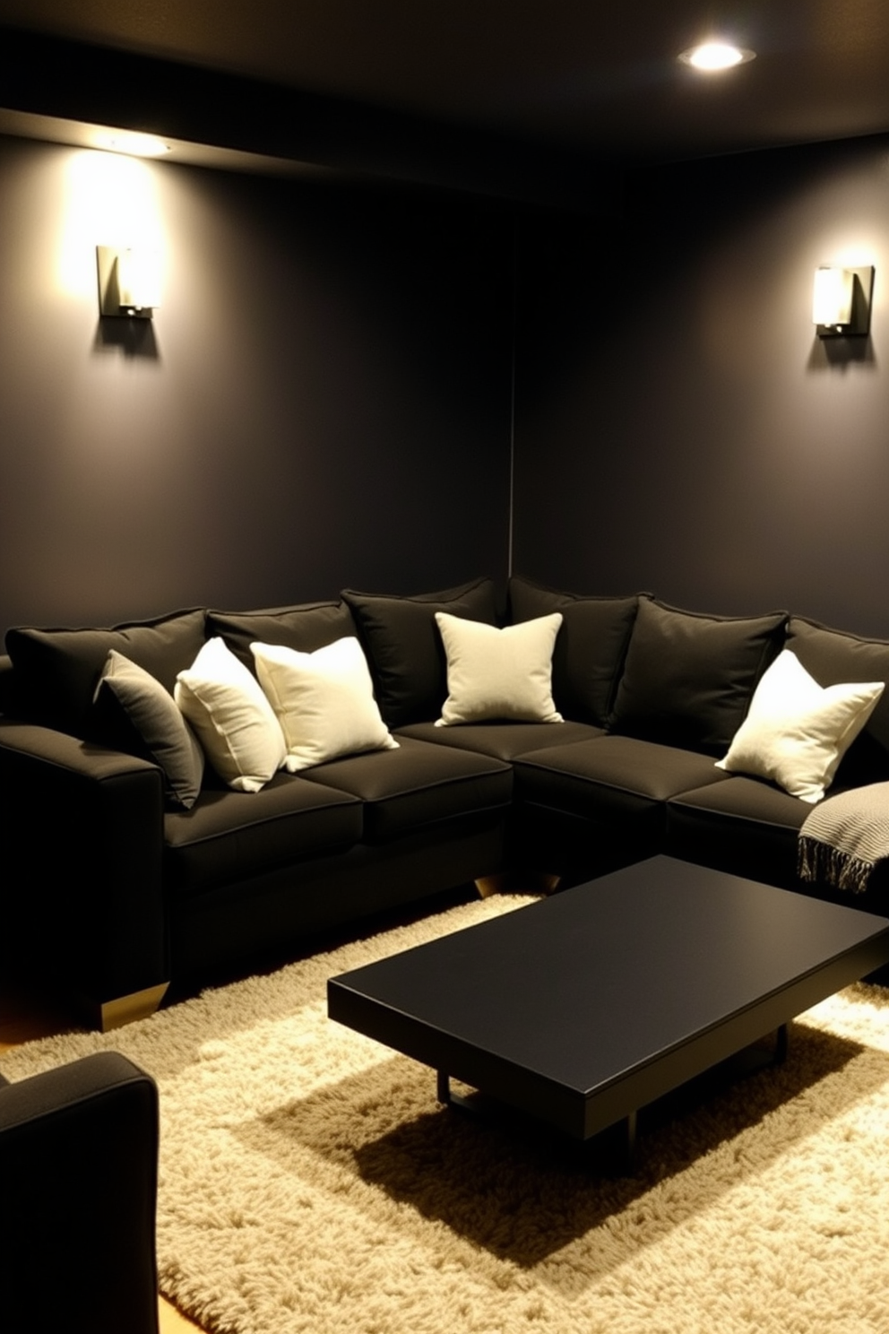 A cozy black sectional sofa is arranged in a warm basement setting. The sofa is complemented by soft throw pillows and a plush area rug that adds texture to the space. The walls are painted in a deep charcoal hue, creating an intimate atmosphere. Ambient lighting fixtures are strategically placed to enhance the cozy feel, while a sleek coffee table sits in front of the sofa, perfect for gatherings.