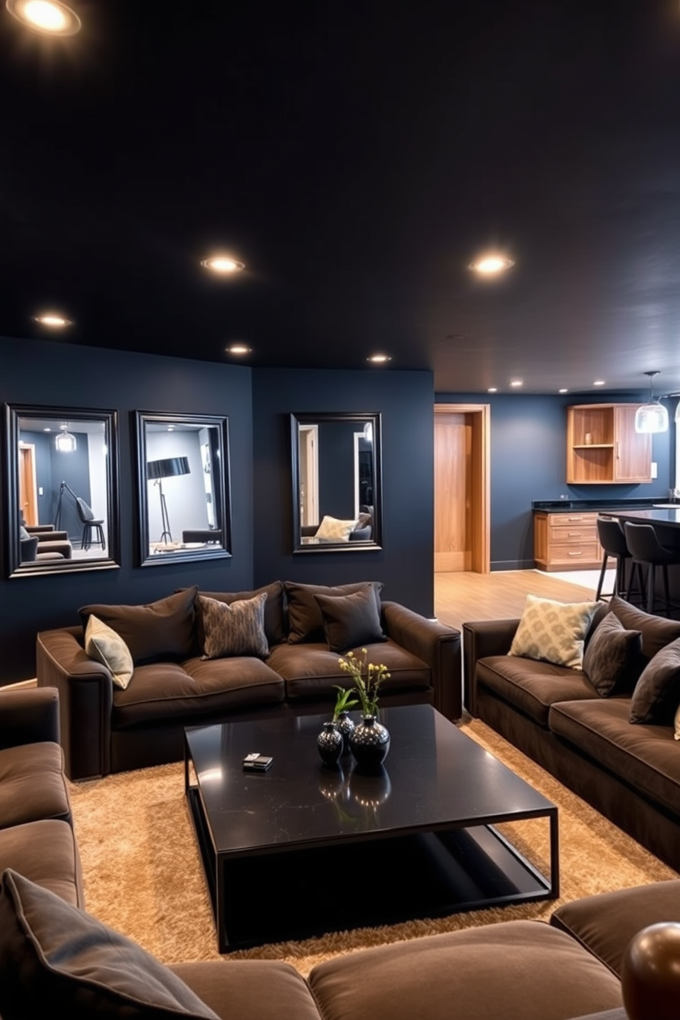 A modern black basement designed for relaxation and entertainment. The space features plush sectional sofas arranged around a sleek coffee table, with black framed mirrors strategically placed to enhance the sense of openness. The walls are painted in a deep charcoal hue, complemented by warm wood accents throughout. Ambient lighting fixtures create a cozy atmosphere, while a stylish bar area with high stools adds a touch of sophistication.