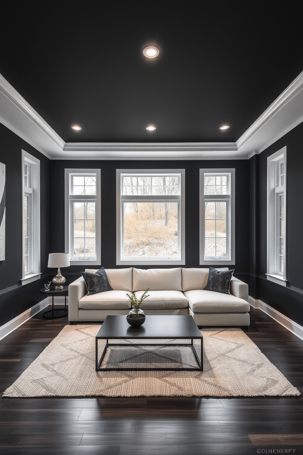 A sleek basement design featuring contrasting white trim around large windows that allow natural light to flood the space. The walls are painted a deep charcoal gray, creating a dramatic backdrop for modern furniture and decor. In the center, a plush sectional sofa in a light fabric contrasts beautifully with the dark surroundings. A minimalist coffee table sits atop a textured area rug, adding warmth and comfort to the room.