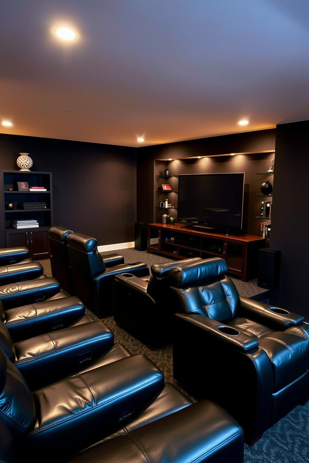 A cozy black basement designed for relaxation features plush black leather recliners arranged for optimal comfort. Soft ambient lighting illuminates the space, creating a warm atmosphere perfect for movie nights. The walls are painted in a deep charcoal hue, enhancing the intimate feel of the basement. A sleek entertainment center holds a large flat-screen TV, complemented by stylish shelves displaying books and decor.