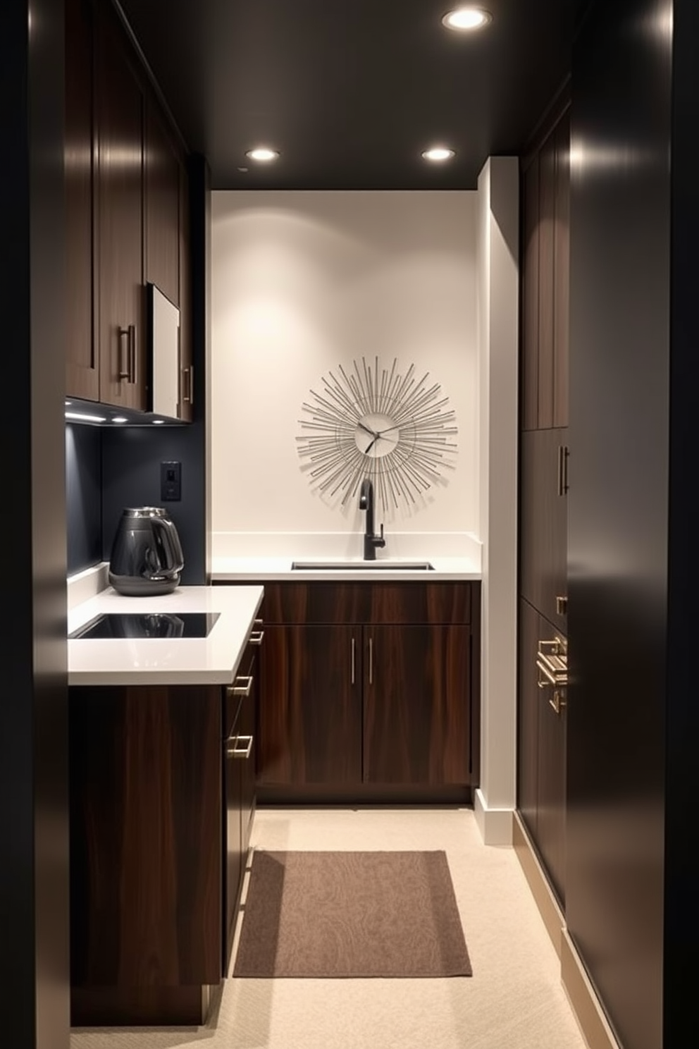 A sleek kitchenette features dark cabinetry that adds a touch of elegance to the space. The countertops are a glossy white, contrasting beautifully with the rich wood tones of the cabinets. The basement design showcases a modern aesthetic with black walls that create a cozy yet sophisticated atmosphere. Accents of metallic decor and soft lighting enhance the inviting feel of the space.