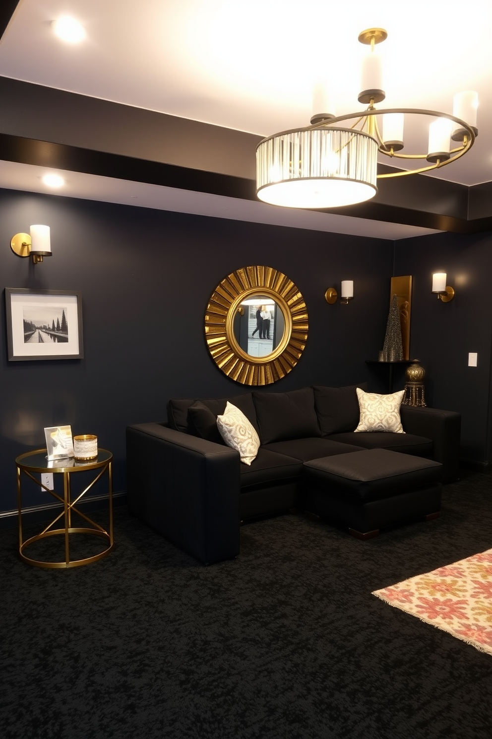 A stylish basement design featuring black walls and plush carpeting creates a cozy yet modern atmosphere. Gold decorative accents, such as light fixtures and artwork, add a touch of elegance and sophistication to the space. The furniture includes a sleek black sectional sofa paired with gold-accented side tables. A striking gold-framed mirror enhances the visual appeal and reflects the ambient lighting throughout the basement.