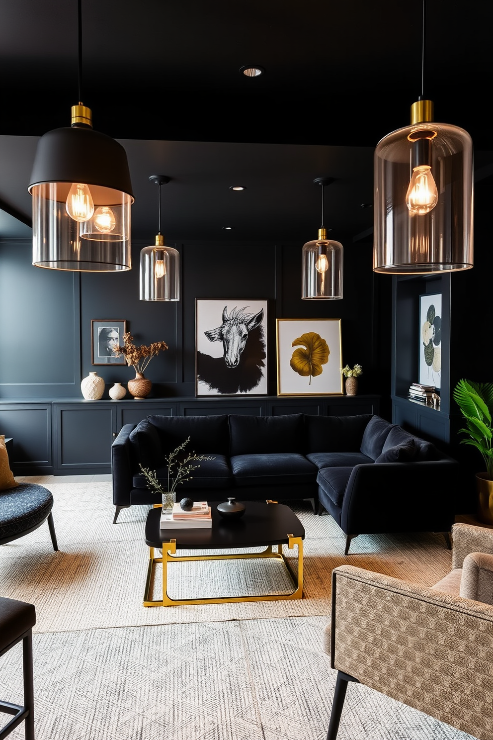 A stylish basement area featuring black and brass lighting fixtures that create a warm and inviting atmosphere. The walls are painted in a deep charcoal color, complementing the sleek lines of modern furniture and rich textures throughout the space. In the center, a plush sectional sofa in a dark fabric is arranged around a low-profile coffee table with brass accents. The lighting fixtures hang elegantly from the ceiling, illuminating a curated selection of artwork and decorative elements that enhance the overall aesthetic.