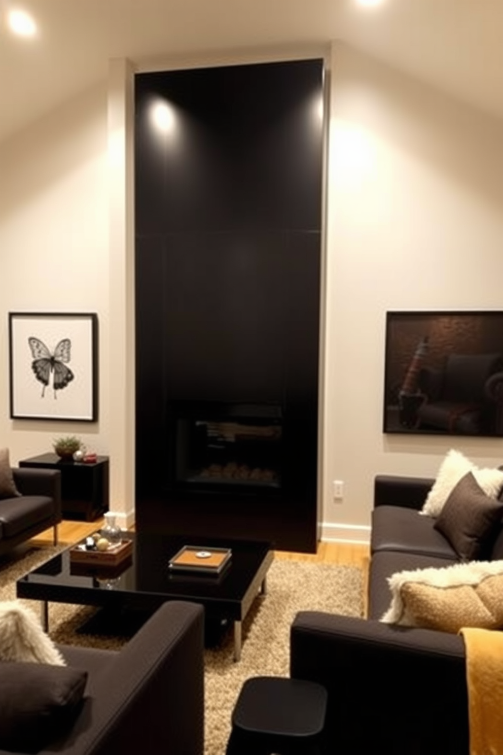 A bold black fireplace serves as the stunning focal point of the basement, creating a dramatic contrast against the lighter walls. The surrounding area features sleek furniture in deep tones, complemented by soft lighting that enhances the cozy atmosphere. The design incorporates modern elements with plush seating arrangements and a stylish coffee table. Textured rugs and warm accents add comfort and sophistication to the overall aesthetic.