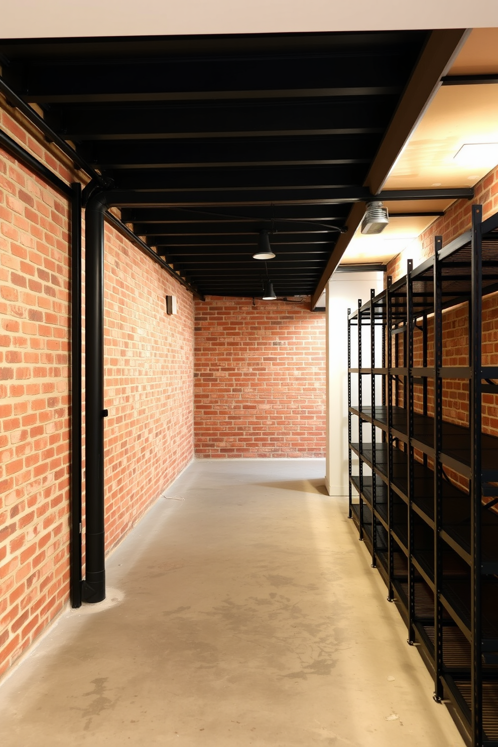 A modern industrial basement featuring black metal shelving units that line the walls. The space is illuminated by warm ambient lighting, highlighting the raw concrete floors and exposed brick walls.