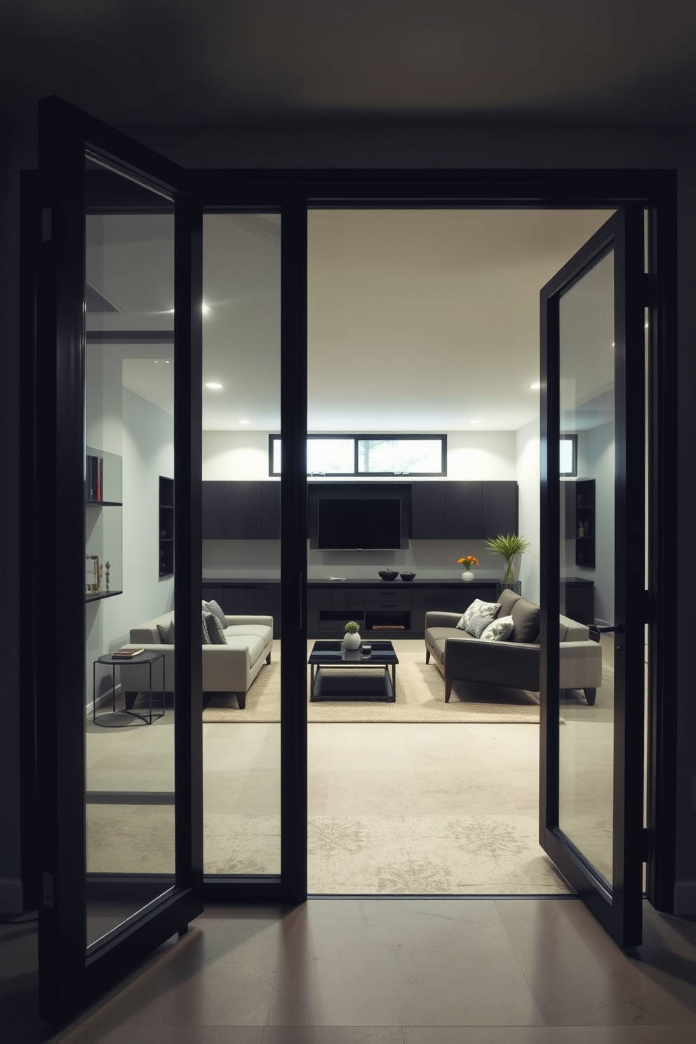 A modern black basement space featuring black framed glass doors that elegantly separate the area from the rest of the home. The design includes sleek furniture with minimalist lines and a cozy seating arrangement that invites relaxation.