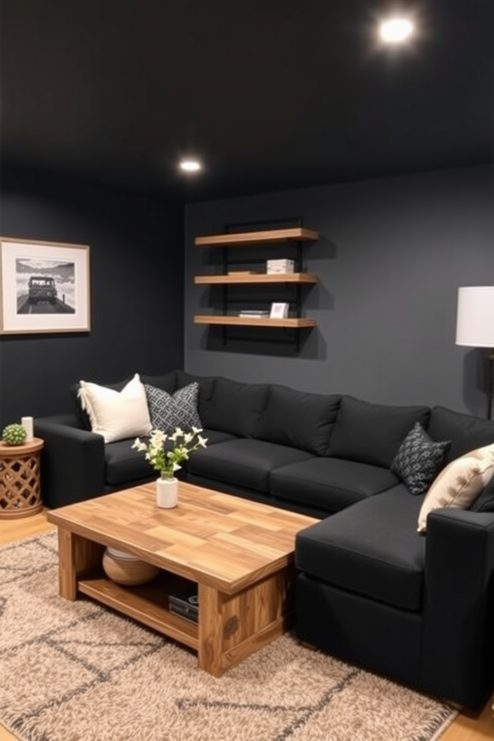 A stylish black basement featuring a combination of black and wood furniture. The space includes a sleek black sectional sofa paired with a reclaimed wood coffee table, creating a warm yet modern ambiance. Accent walls in deep charcoal enhance the cozy atmosphere, while strategically placed wooden shelves add both functionality and visual interest. Soft lighting fixtures and plush area rugs complete the inviting look of this sophisticated basement retreat.