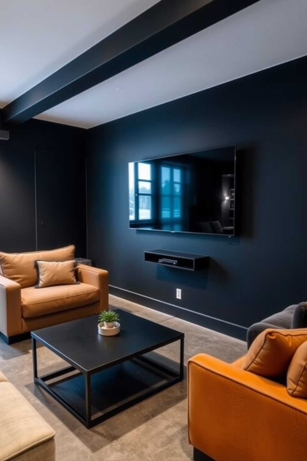 A modern basement design featuring a black wall-mounted TV that adds a sleek touch to the space. The walls are painted in a deep charcoal color, creating a cozy yet sophisticated atmosphere. The flooring is a polished concrete, enhancing the industrial feel of the basement. Comfortable seating is arranged around a stylish coffee table, perfect for relaxing or entertaining guests.