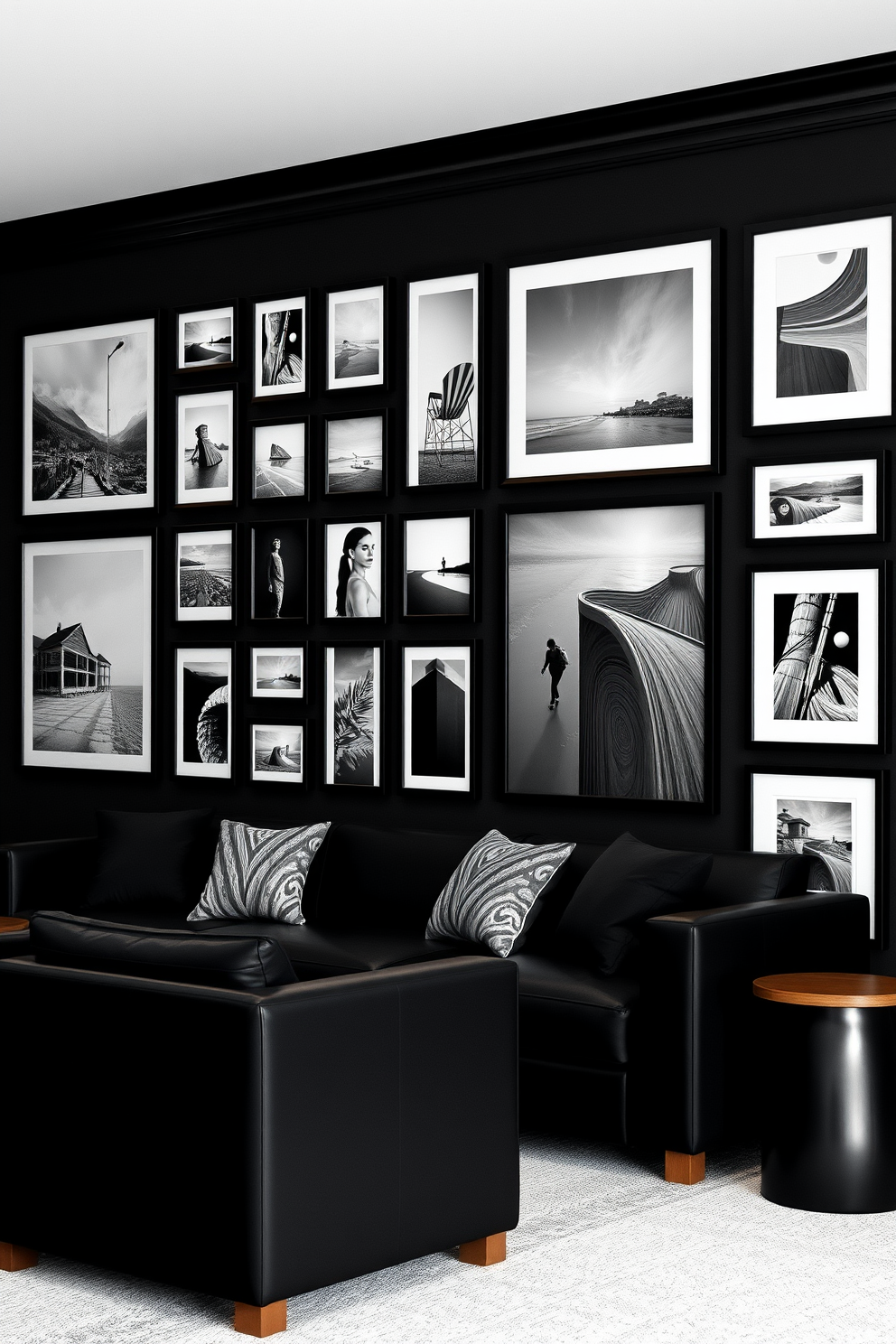 A striking black and white photography gallery wall featuring an array of framed monochrome images in various sizes. The wall is adorned with black frames that create a cohesive look, while the artwork showcases a mix of landscapes, portraits, and abstract compositions. An inviting black basement design that combines modern elegance with cozy comfort. The space features sleek black furniture, warm wood accents, and soft lighting to create a stylish yet welcoming atmosphere.