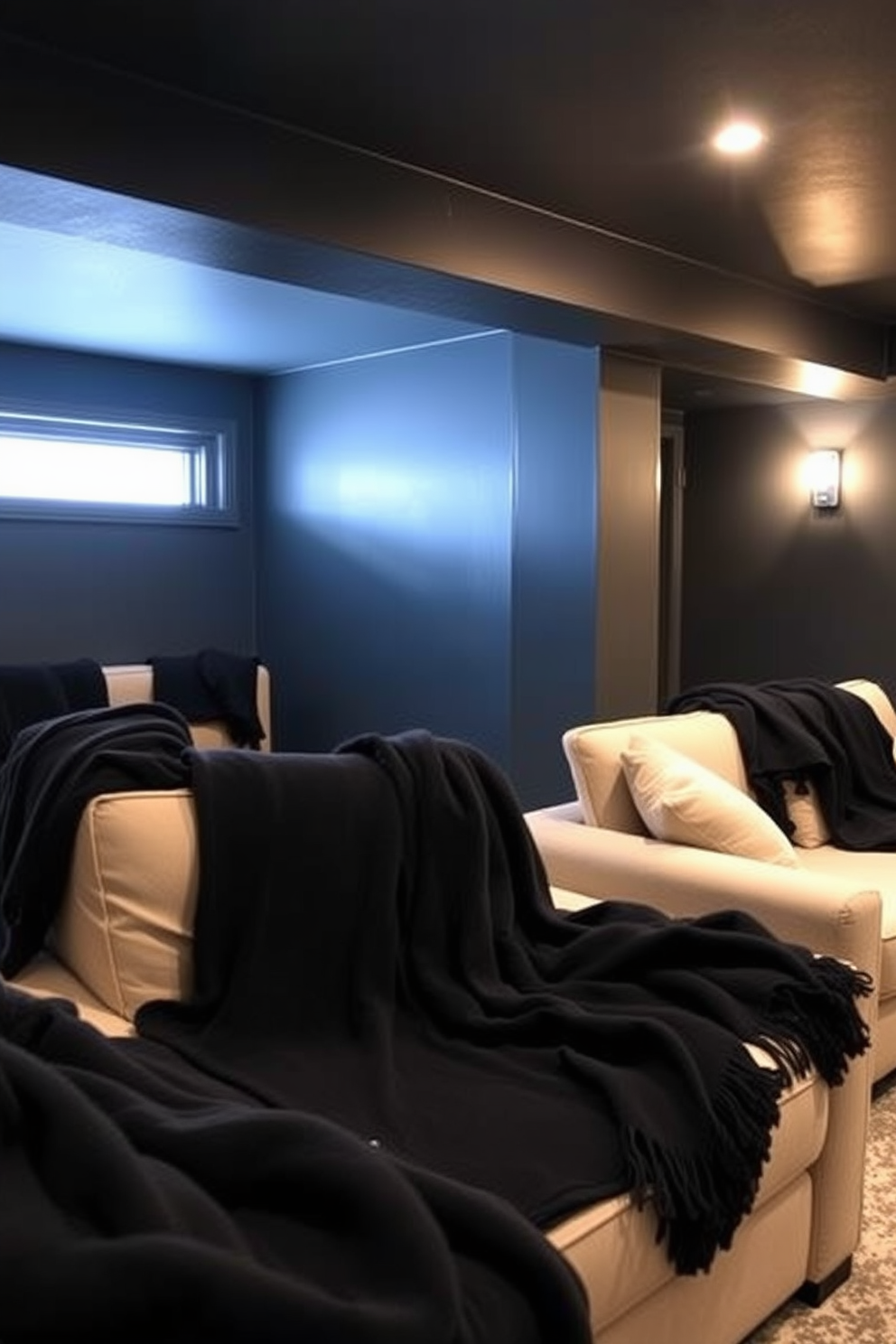 A stylish basement design featuring layered black throws draped over contemporary seating arrangements. The walls are painted in a deep charcoal hue, complemented by sleek lighting fixtures that create a warm ambiance.