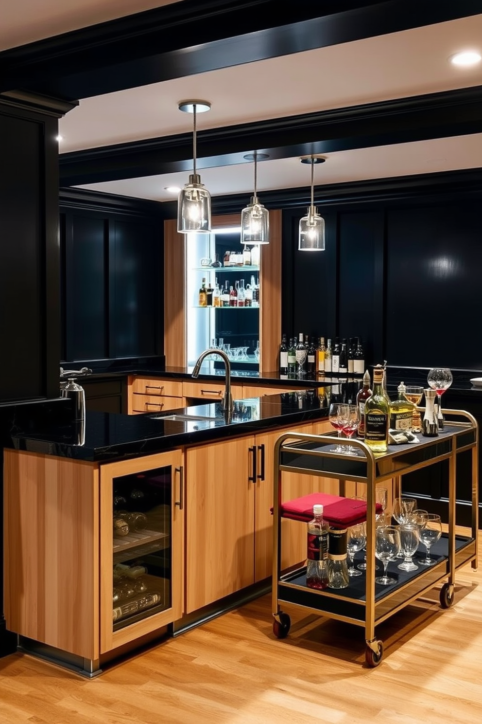 A sleek wet bar design featuring black stone countertops that contrast beautifully with the light wood cabinetry. The space is illuminated by pendant lighting, creating a warm and inviting atmosphere in the basement. The walls are adorned with dark paneling, enhancing the sophisticated feel of the black basement design. A stylish bar cart is positioned nearby, showcasing an array of premium spirits and glassware for entertaining guests.