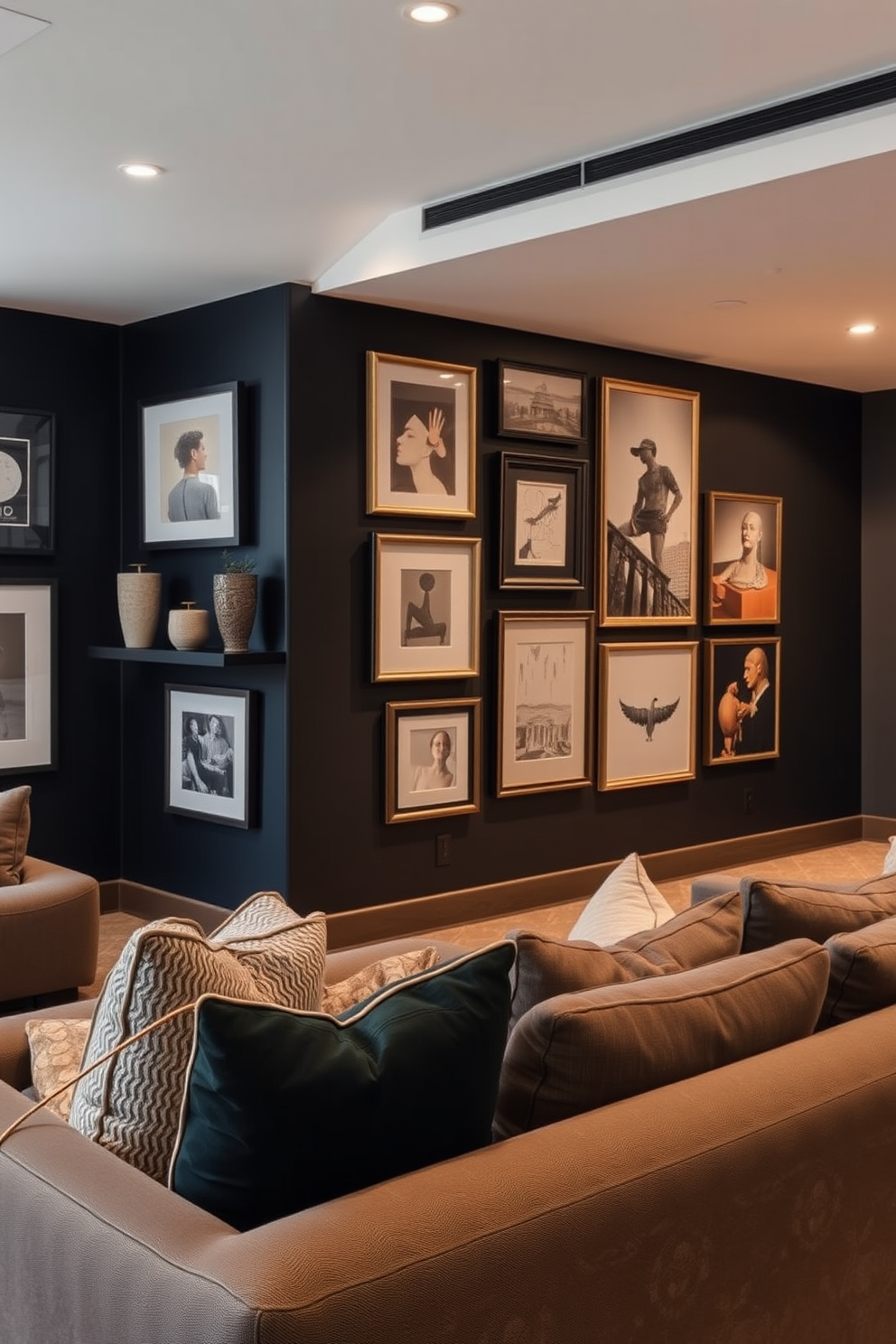 A striking black accent wall serves as the focal point of the room adorned with a curated selection of contemporary artwork. The display features a mix of framed pieces and sculptures that add depth and personality to the space. The basement design embraces a modern aesthetic with plush seating and sleek lighting. Warm wood tones and textured fabrics create a cozy atmosphere, making it an inviting retreat.