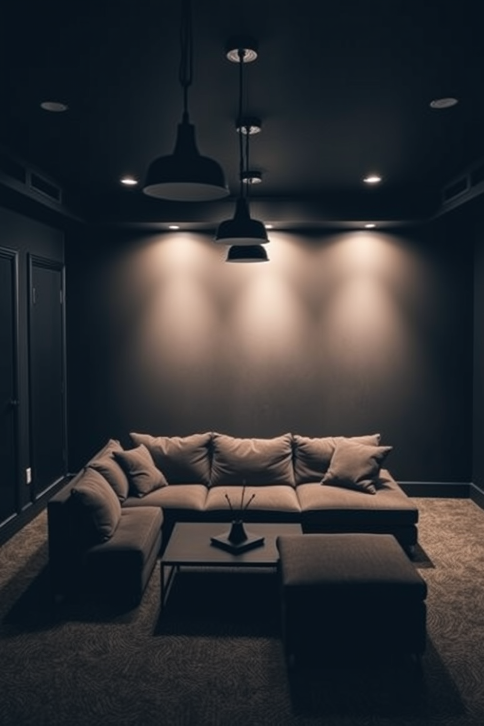 A stylish black basement designed for relaxation and entertainment. The space features mood lighting created by sleek black pendant fixtures hanging from the ceiling, casting a warm glow over the area. The walls are painted in a deep charcoal color, enhancing the cozy atmosphere. A plush sectional sofa is positioned in front of a modern coffee table, creating an inviting seating arrangement for gatherings.