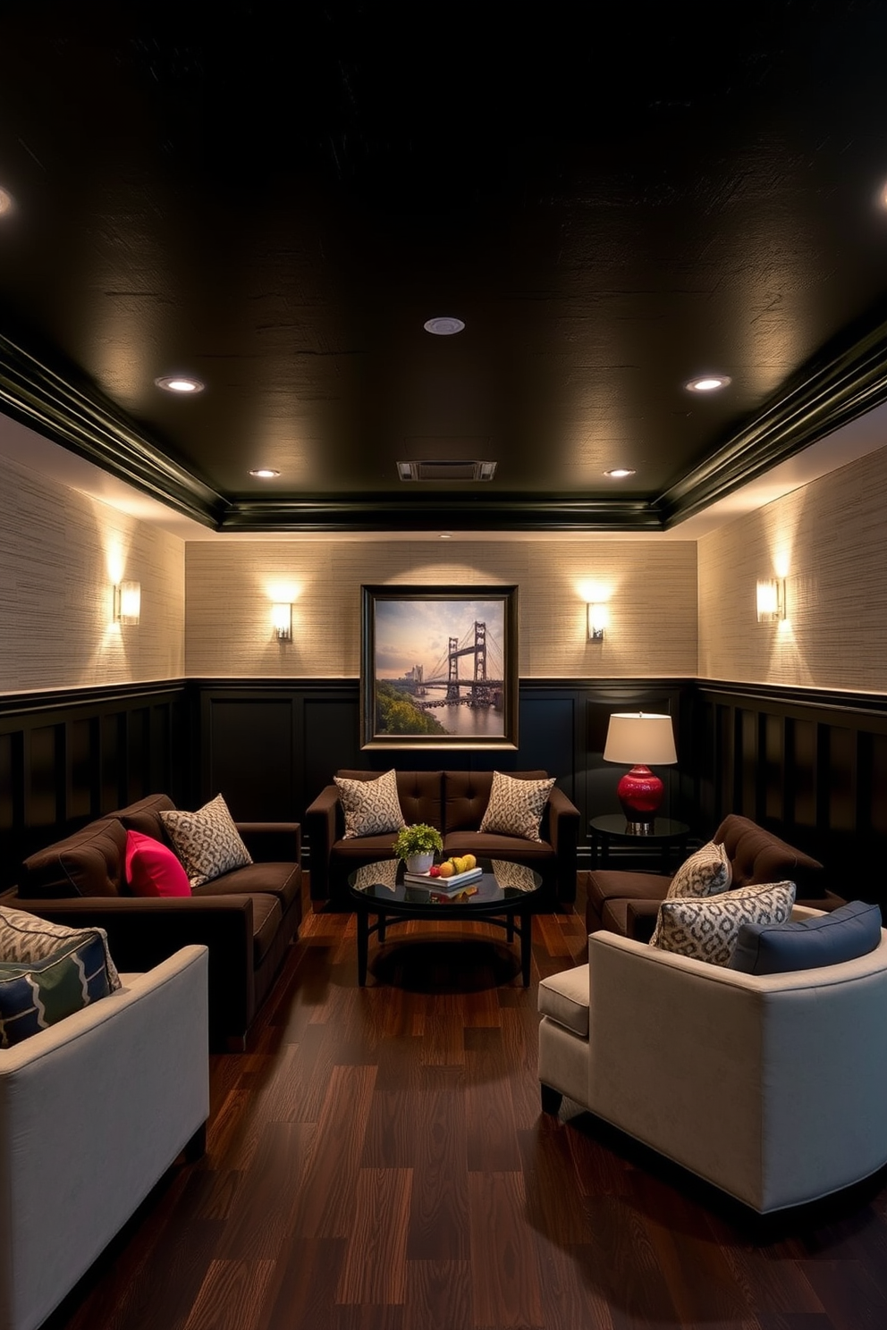 A striking black painted ceiling creates a sense of depth in the basement, enhancing the overall ambiance of the space. The walls are adorned with textured panels, and the flooring features dark hardwood for a cohesive look. Incorporate plush seating with rich fabrics and bold colors to add warmth to the room. Accent lighting highlights artwork and creates inviting nooks for relaxation and entertainment.