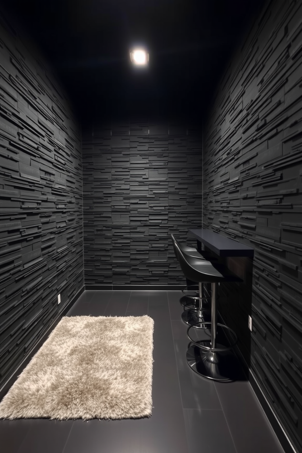 Textured black wall panels create a striking focal point in the basement. The space is enhanced with subtle lighting that highlights the depth and richness of the black surfaces. Incorporate a sleek bar area with modern stools for a sophisticated touch. A plush area rug adds warmth and comfort to the otherwise bold design, inviting relaxation and socializing.