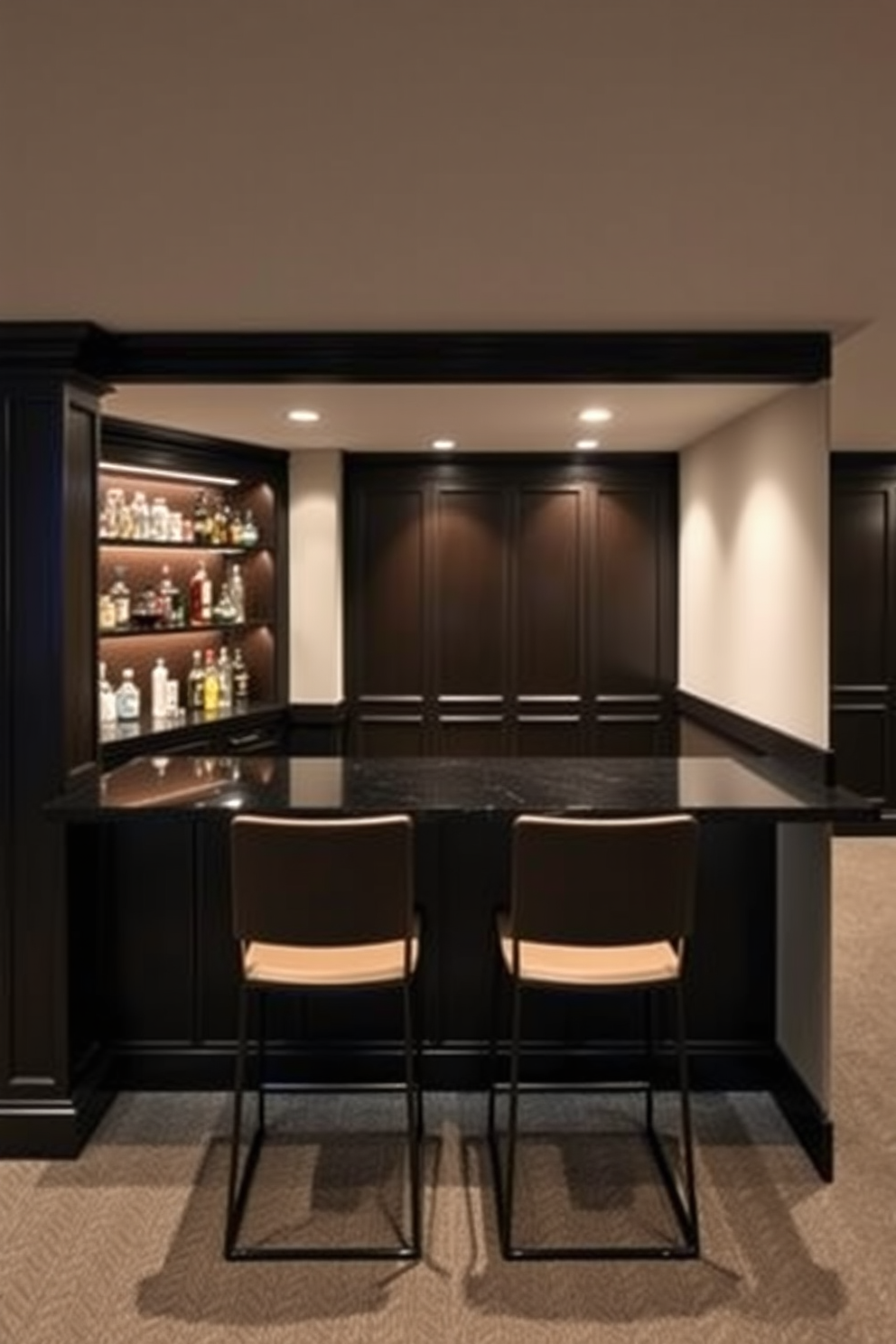 A sleek black bar with modern bar stools sits against a wall in a stylish basement. The space features dark wood paneling and ambient lighting that creates a cozy yet sophisticated atmosphere.