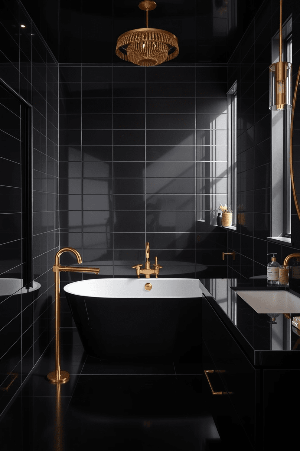 A luxurious black bathroom featuring sleek black tiles that create a dramatic backdrop. Gold accents are incorporated through fixtures and decorative elements, adding a touch of elegance and sophistication. The space includes a modern freestanding bathtub with a gold floor-mounted faucet. A stylish vanity with a black countertop complements the overall design, while ambient lighting highlights the beauty of the black and gold color scheme.