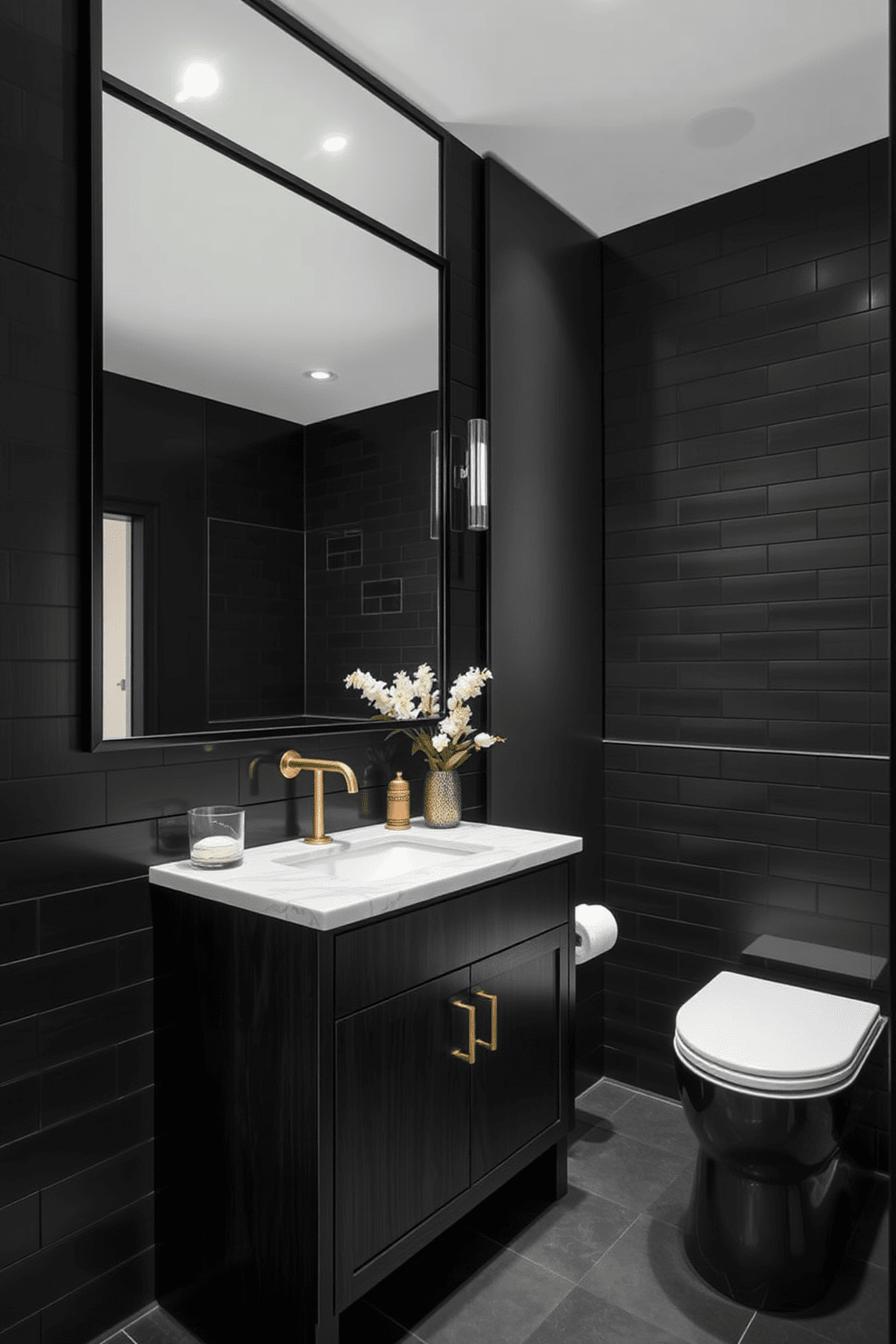 A sleek black bathroom featuring elegant black framed mirrors that enhance the sense of depth in the space. The walls are adorned with matte black tiles, creating a cohesive and sophisticated look. The vanity is crafted from dark wood, topped with a striking white marble surface that contrasts beautifully with the black elements. Accents of gold in the fixtures and accessories add a touch of luxury to the overall design.