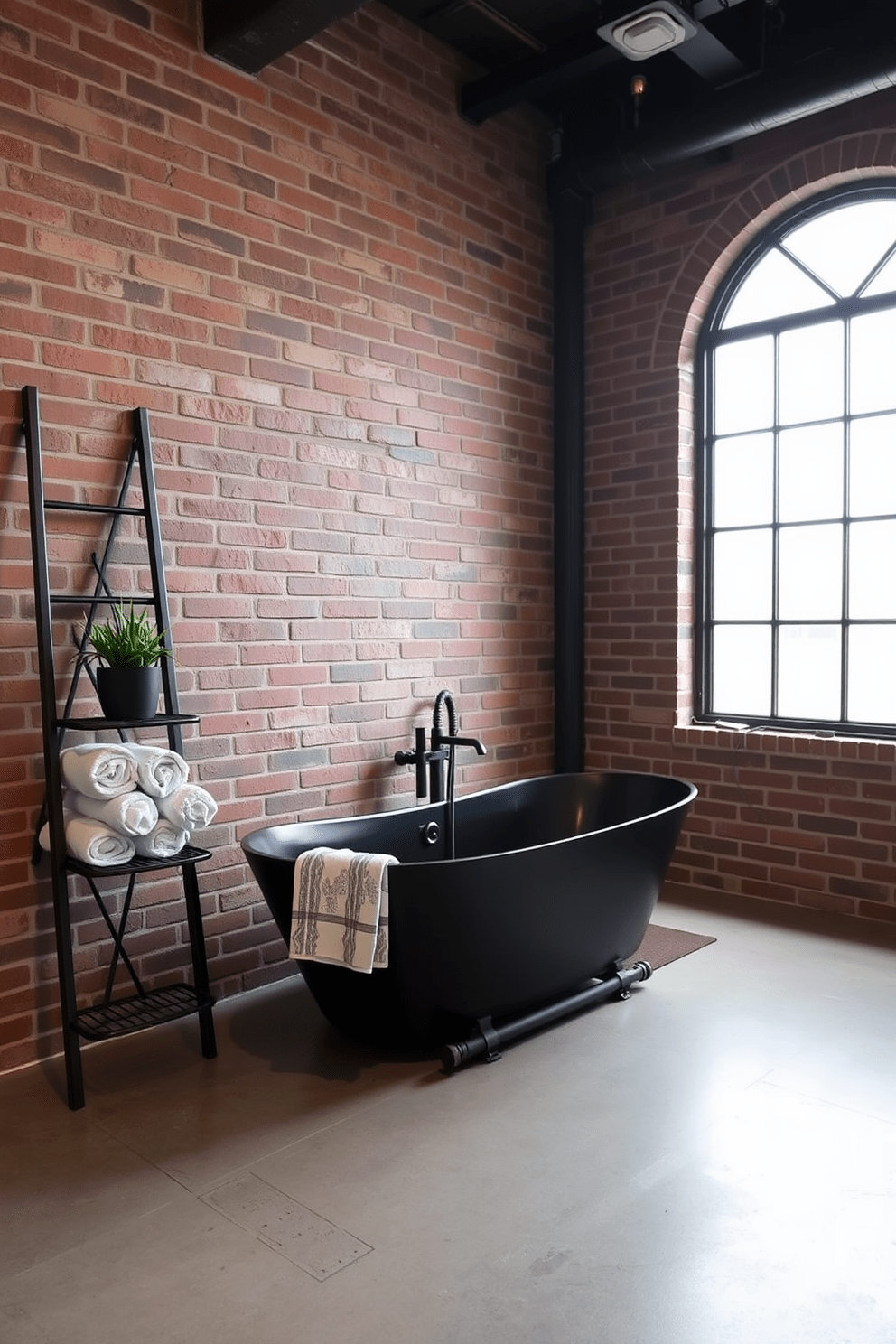 An industrial style bathroom featuring black metal elements. The walls are exposed brick, and the floor is a polished concrete, creating a raw yet refined atmosphere. The focal point is a sleek black freestanding tub positioned under a large window. A black metal ladder shelf displays neatly rolled towels and decorative plants, enhancing the space's modern aesthetic.