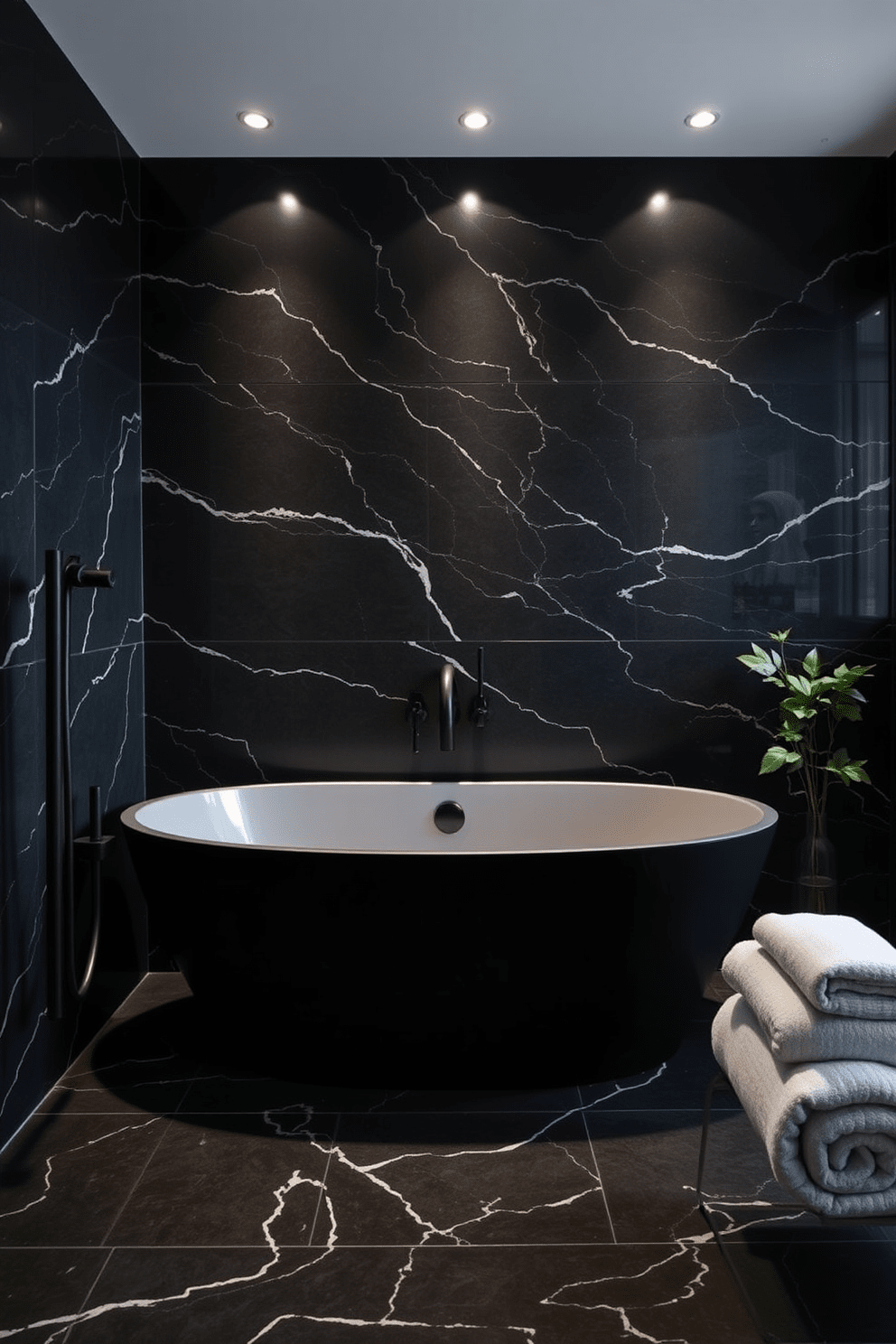 An elegant black marble accent wall serves as the focal point of the bathroom, creating a luxurious and dramatic atmosphere. The sleek black fixtures and minimalist design complement the rich textures of the marble, enhancing the overall sophistication of the space. The bathroom features a freestanding bathtub with a modern silhouette positioned against the accent wall. Soft ambient lighting highlights the marble's natural veining, while plush towels and greenery add warmth and contrast to the dark palette.